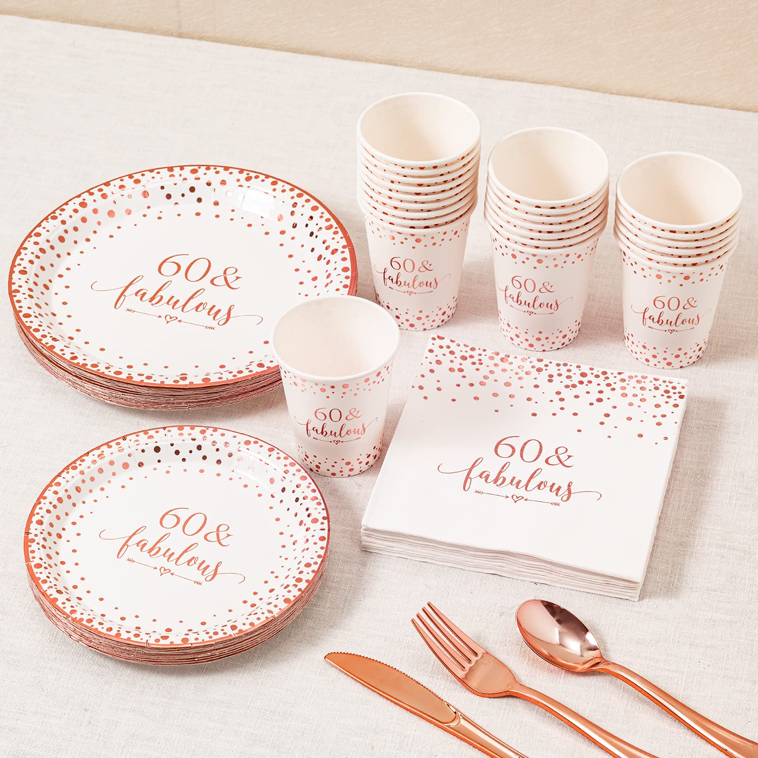 Elegant Rose Gold Foil 60-Piece Disposable Tableware Set - 24 Plates (9