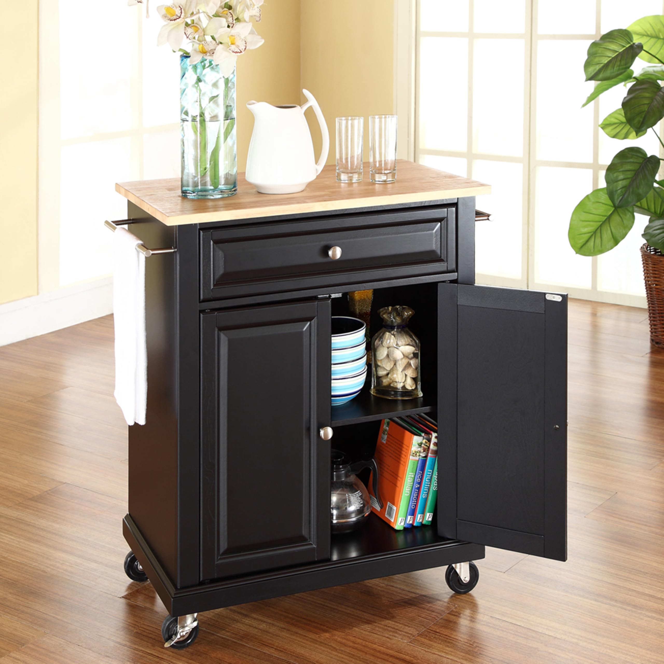 Crosley Compact Wood Top Rolling Cart with Shelves - Microwave Stand, Towel Rack, Small Kitchen Cart - Perfect for Dorm, Apartment & Small Space Organization (Black)