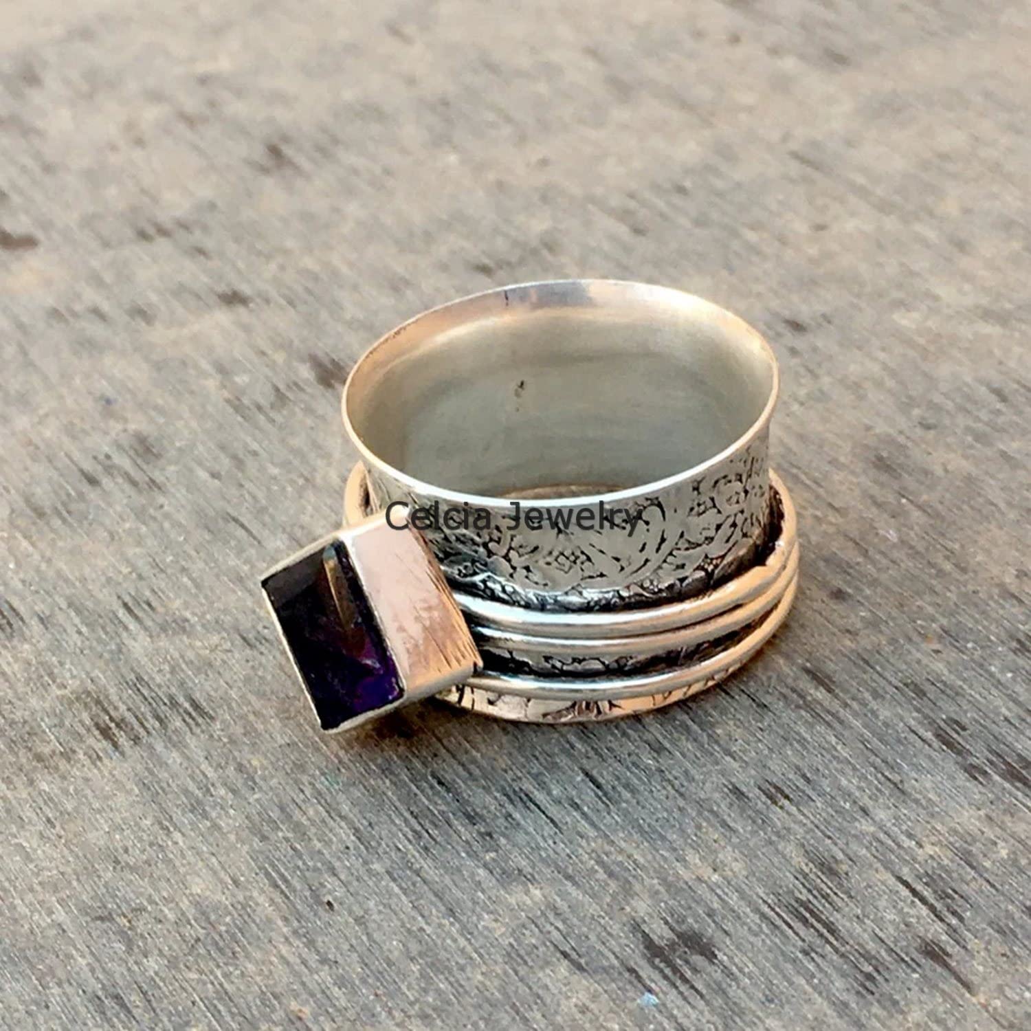 Natural Amethyst Unisex Ring - Faceted Square Spinner Ring for Stress Relief & Meditation, February Birthstone Jewelry, Anniversary & Mother's Day Gift (Size 7) - Perfect for Anxiety Relief, Mindfulness Practice & Stylish Everyday Wear