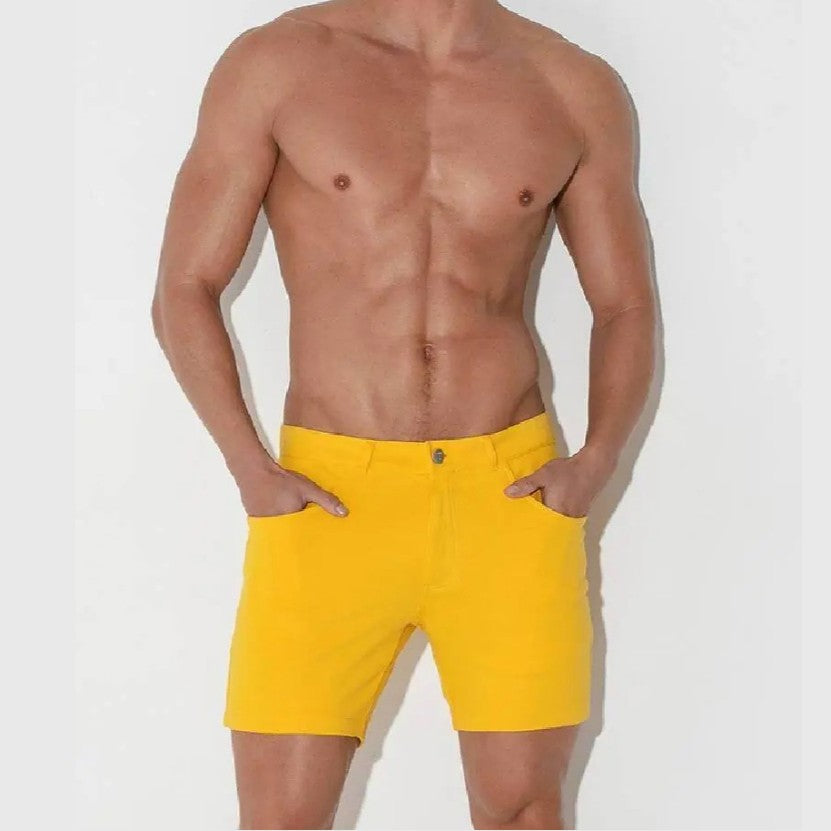 Code 22 Slim Fit 5-Pocket Stretch Shorts for Men - Comfortable Casual Wear (Yellow) | Perfect for Summer, Gym & Outdoor Activities