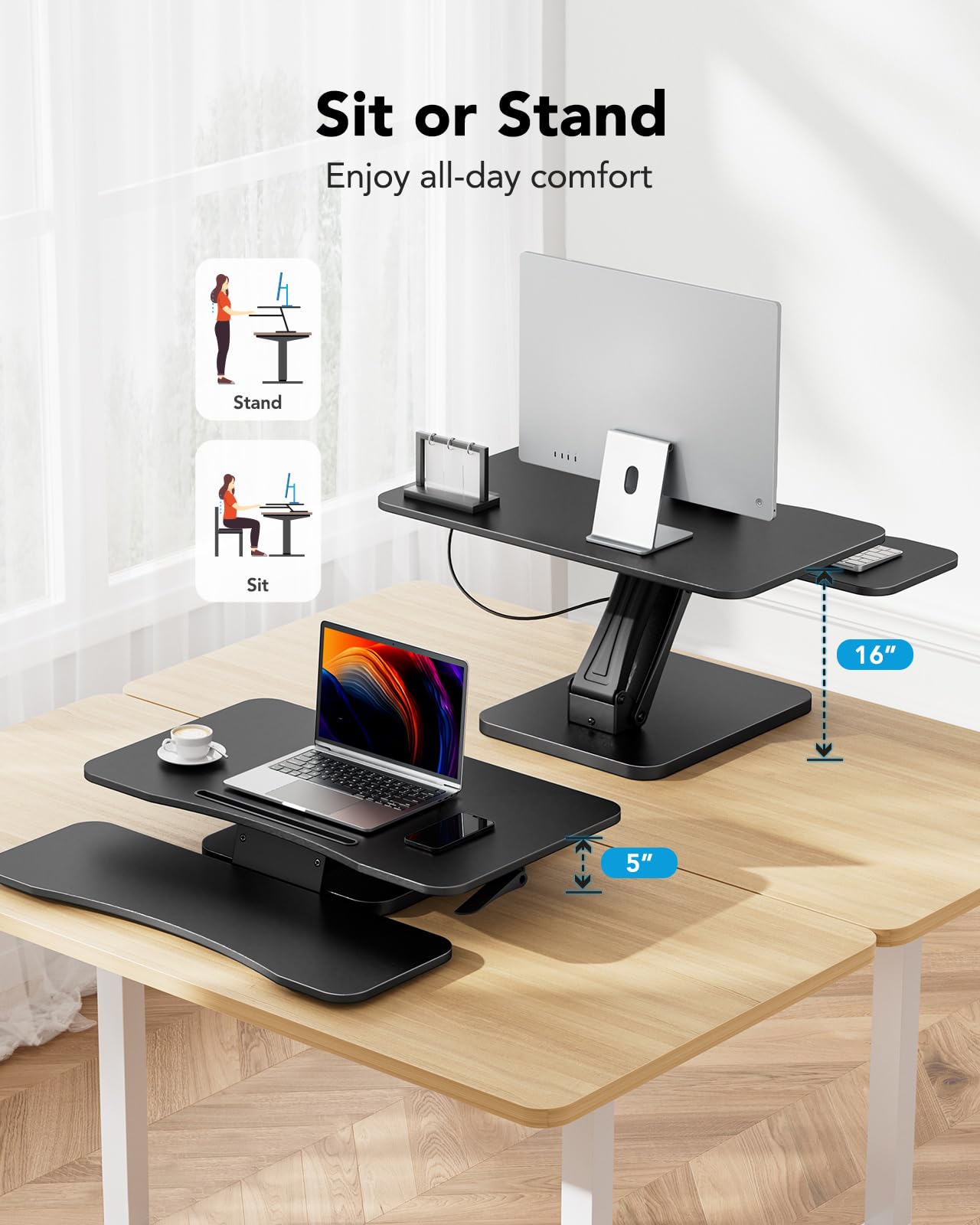 HUANUO 32 Inch Adjustable Standing Desk Converter - Ergonomic Sit Stand Desk Riser with Spacious Keyboard Tray for Home Office, Dual Monitor & Laptop Workstation | Perfect for Remote Work, Gaming & Study (Black)