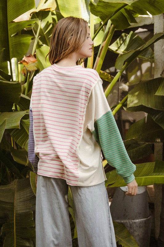 BiBi Women's Exposed Seam Slit Striped Round Neck T-Shirt | Casual Short Sleeve Tee for Everyday Wear, Date Night & Street Style Outfits