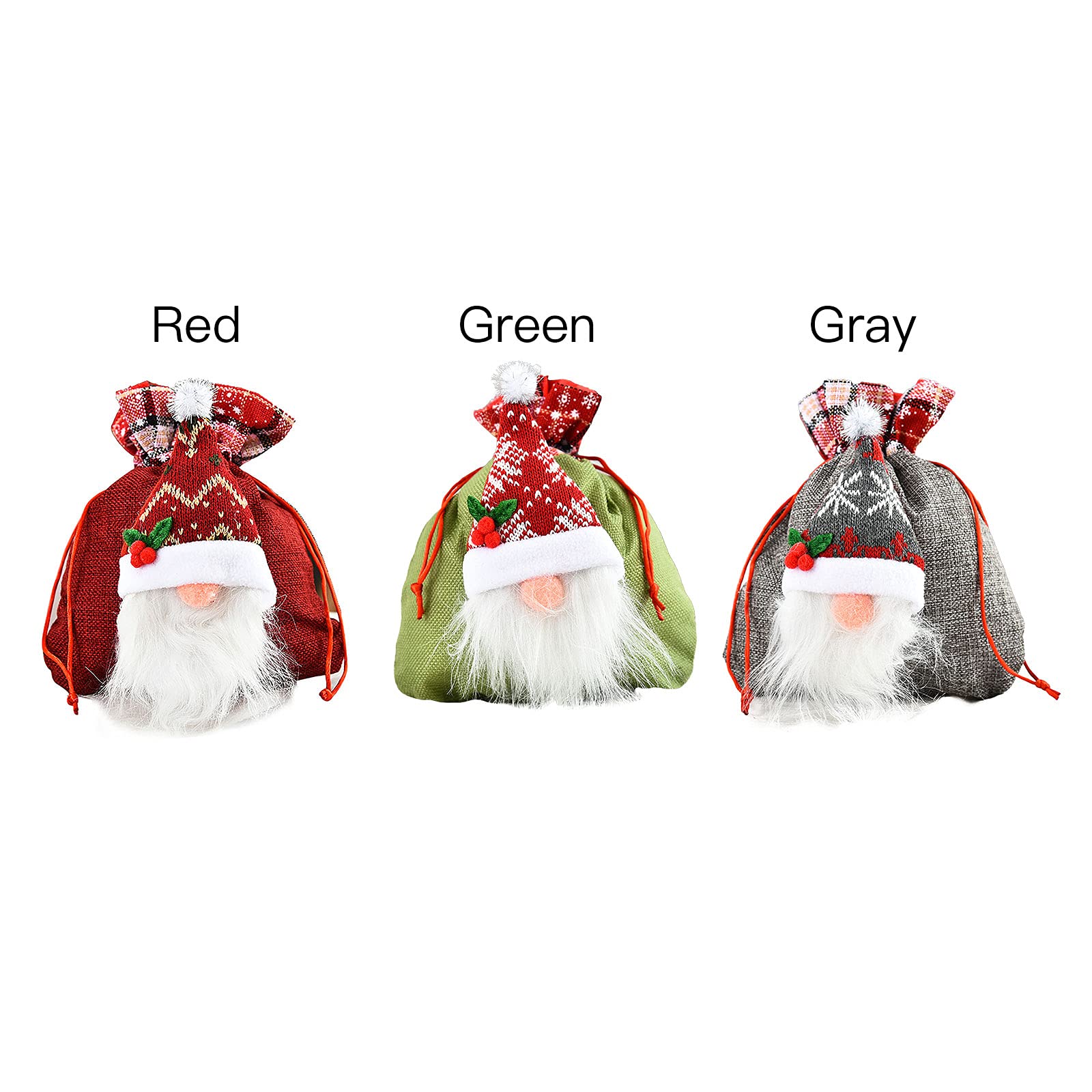 6 Pack Christmas Candy Bags - Burlap Drawstring Gift Bags with 3D Faceless Doll Design for Holiday Treats & Party Favors (Green, Red, Gray) - Perfect for Christmas Parties, Stocking Stuffers & Gift Exchanges