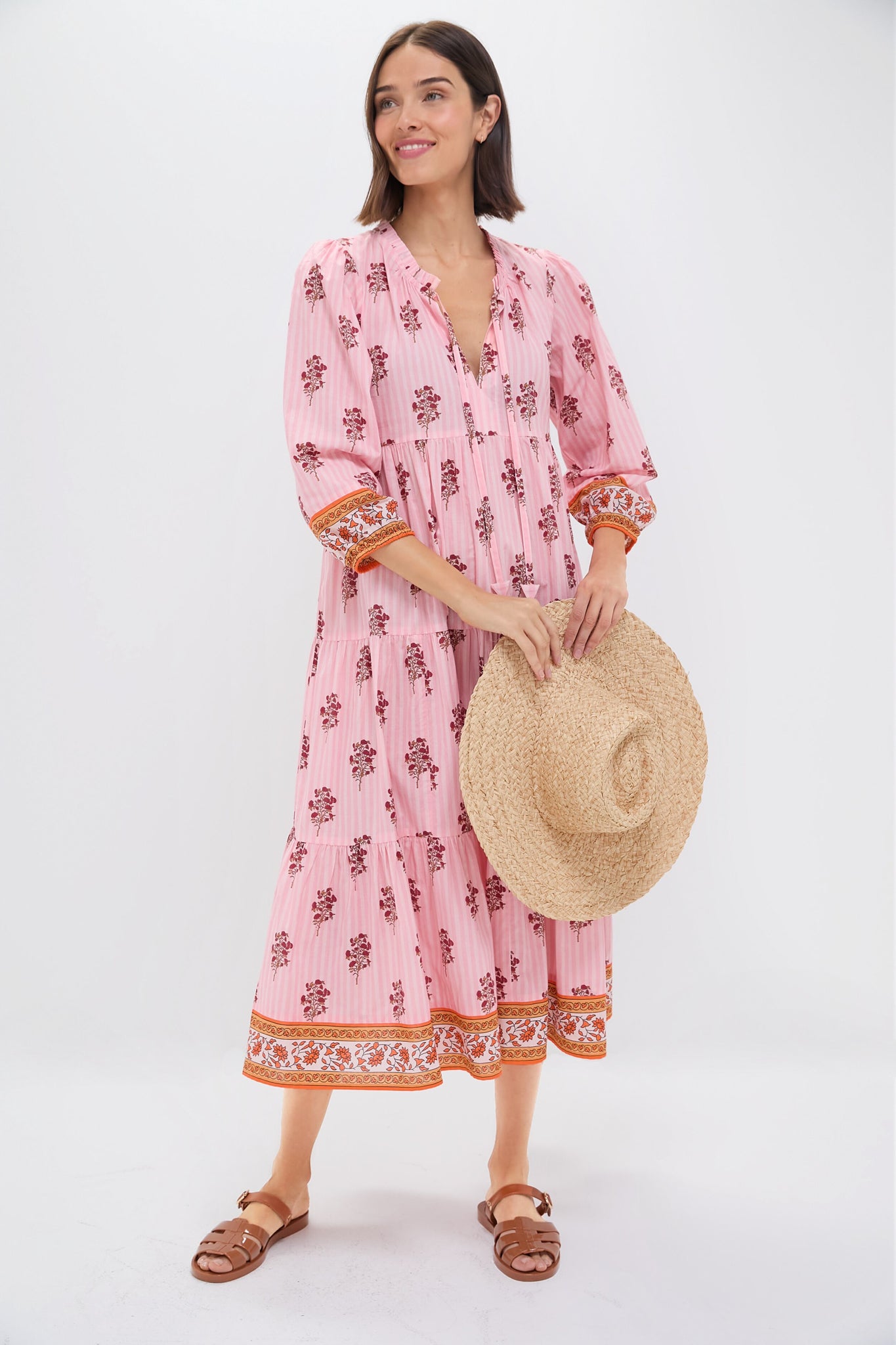Blush Striped Bouquet Long Sleeve Salty Paloma Caftan Dress - Elegant Beach Cover Up for Summer Vacations & Boho Chic Outfits
