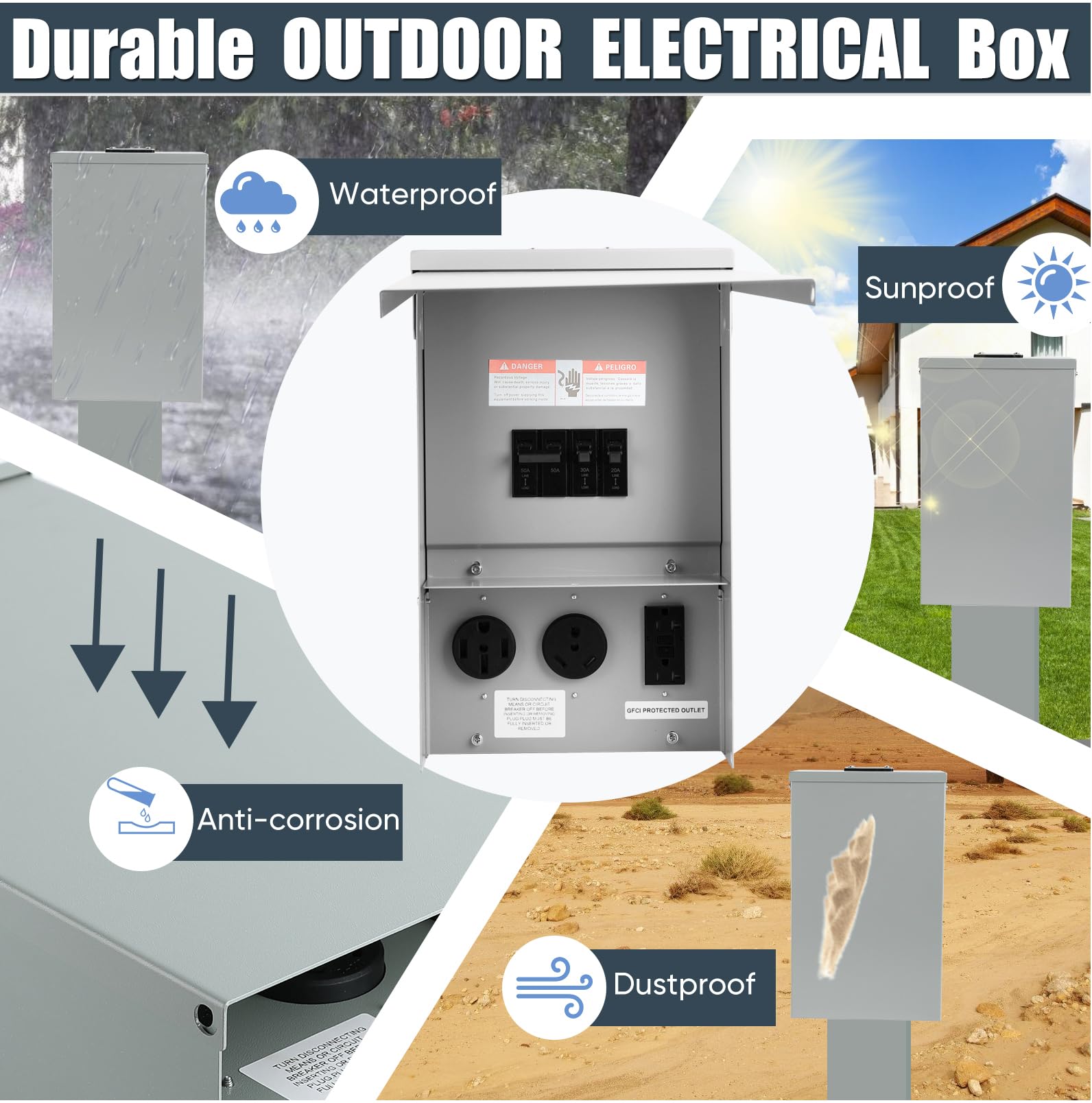 Weatherproof 30/50 Amp RV Power Outlet Box with 20A GFCI - Outdoor Electrical Panel for Campers, Motorhomes & Generators - Perfect for RV Parks, Campgrounds & Emergency Power Backup