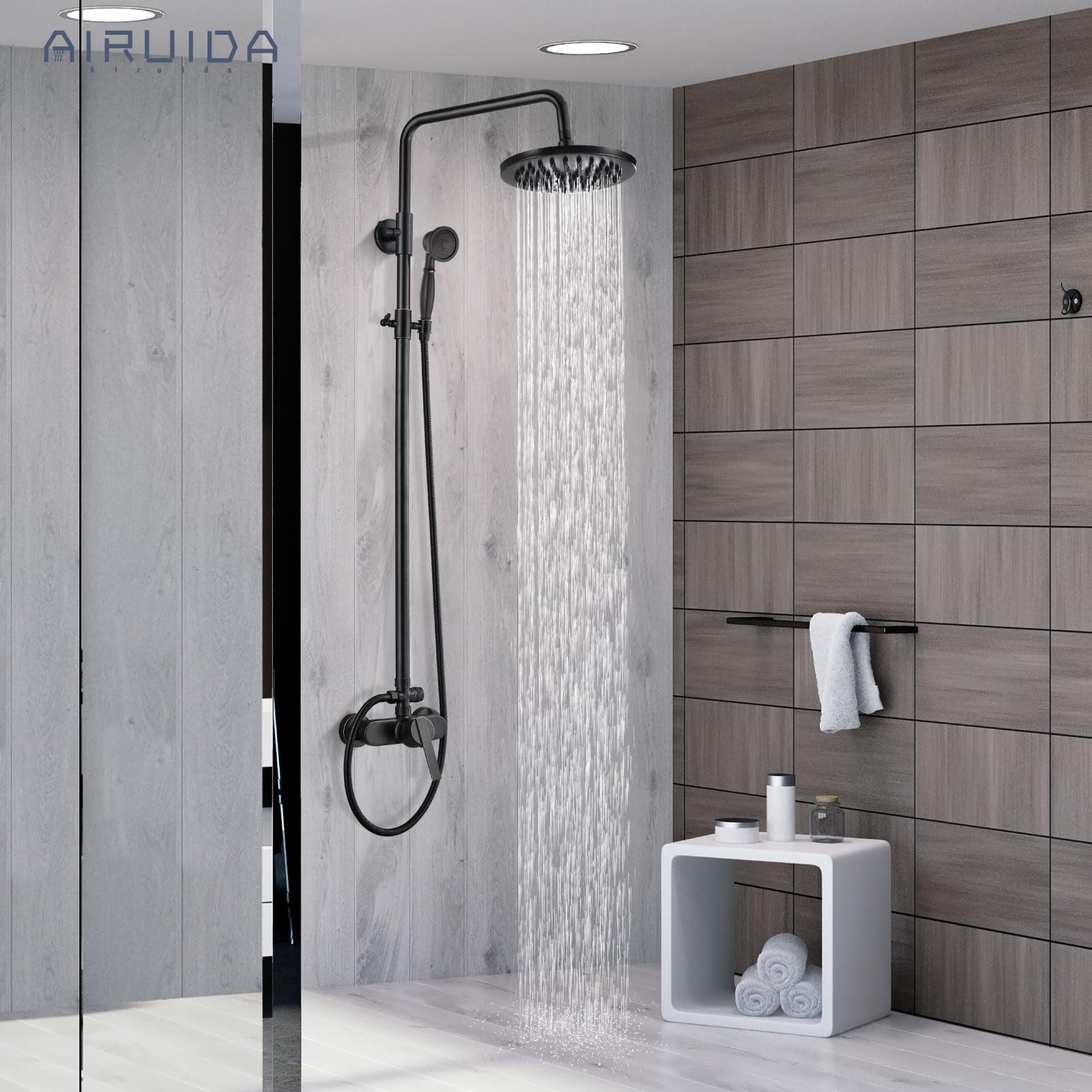 Airuida Oil Rubbed Bronze Exterior Shower System - 8 Inch Rainfall Shower Head with Single Handle, Solid Copper Diverter & Dual Function Faucet Combo for Outdoor/Patio/Garden Use