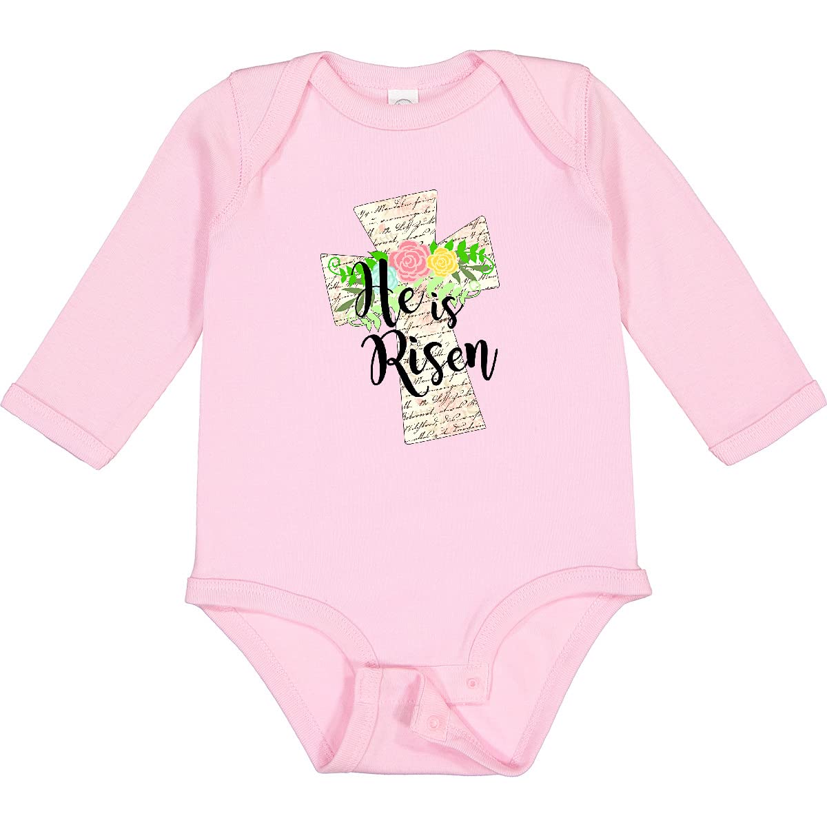 Inktastic He is Risen Cross with Script and Flowers Long Sleeve Baby Bodysuit - Perfect for Easter, Baptism & Religious Celebrations