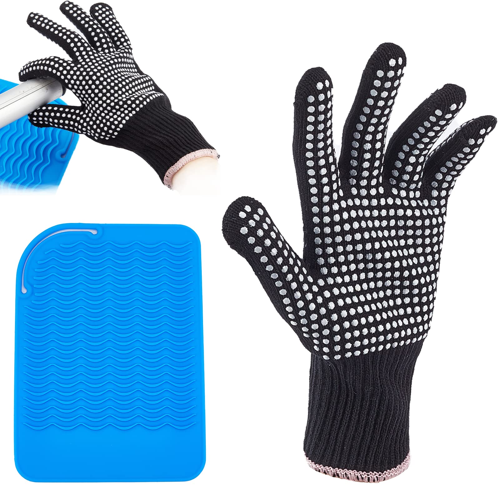Heat Resistant Silicone Mat & Insulation Gloves Set - Non-Slip Hot Styling Tools Holder for Hair Straightener, Curling Iron, Flat Iron - Perfect for Salon, Home Hair Styling & Kitchen Use