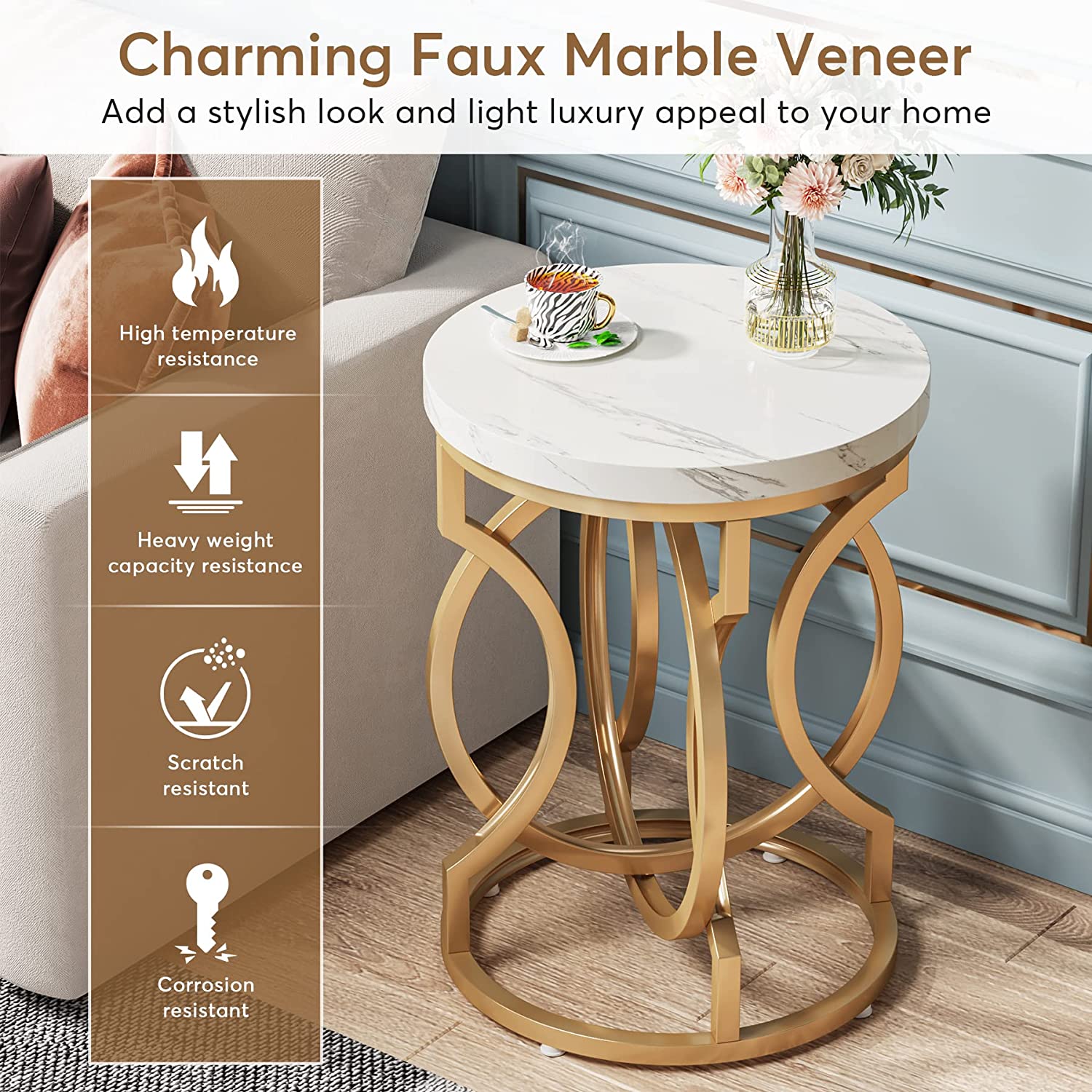 Modern Round End Table with Faux Marble Top - Stylish Nightstand for Bedroom, Living Room & Office - Perfect for Small Spaces & Home Decor