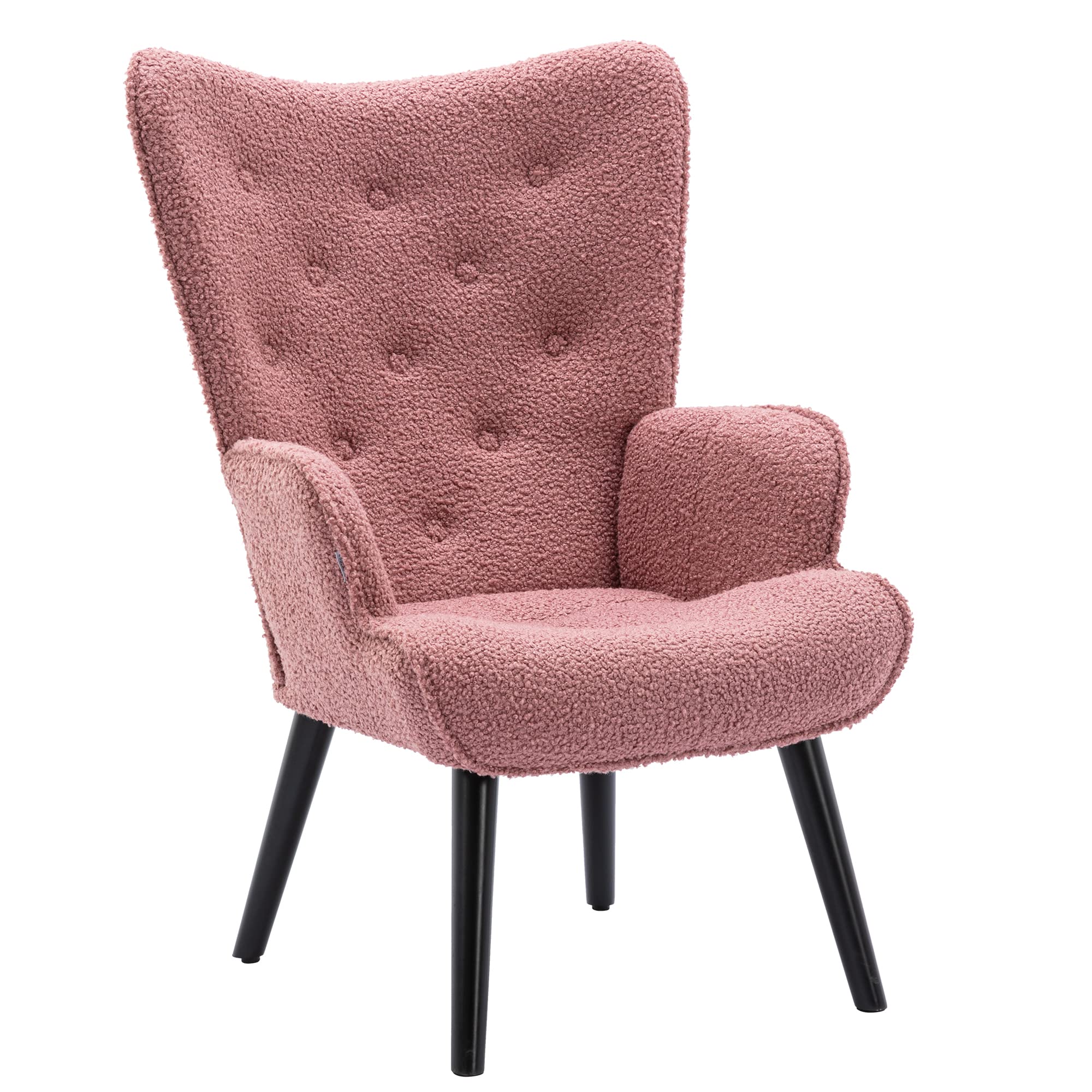 Modern Fabric Accent Chair - Upholstered Armchair with Button Tufted Design & Wooden Legs, High Wingback Teddy Fleece Reception Chair for Dining Room, Home Office or Living Room (Brush Pink)