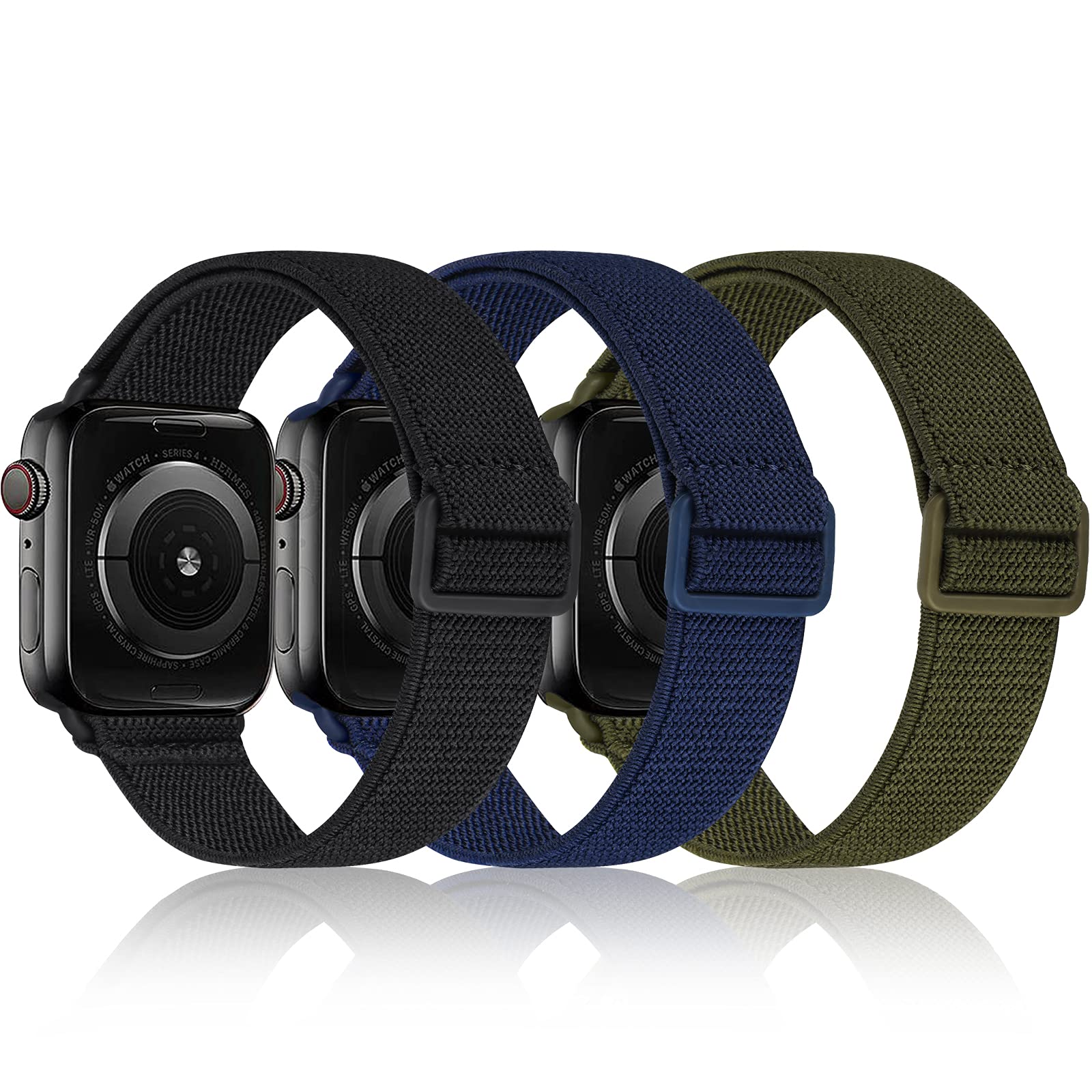 3 Pack Sport Elastic Nylon Apple Watch Bands 44mm 42mm - Adjustable Lightweight Breathable Strap for iWatch Series 6/5/4/3/2/1/SE - Black/Dark Blue/Olive Green - Perfect for Running, Gym Workouts & Everyday Wear