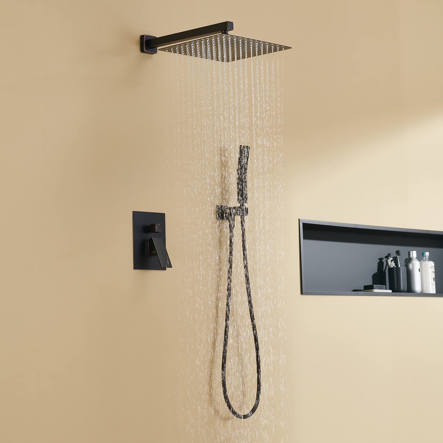 12 Inch Oil Rubbed Bronze Rain Shower System - Wall Mount Bathroom Faucet with Rainfall Shower Head & Handheld Shower - Perfect for Spa-Like Luxury Bath Experience in Master Bathrooms & Modern Home Renovations