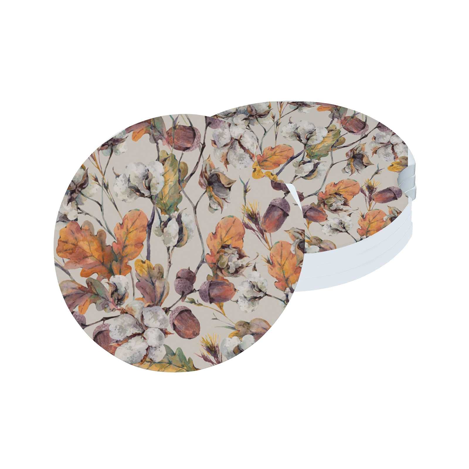 Autumn Vintage Ceramic Car Coasters - 4PCS Non-Slip Cup Holder Coasters with Yellow Leaves & Cotton Flower Design, Absorbent Wooden Backing for Cars, SUV, Trucks | Perfect for Coffee, Soda & Drink Spill Protection
