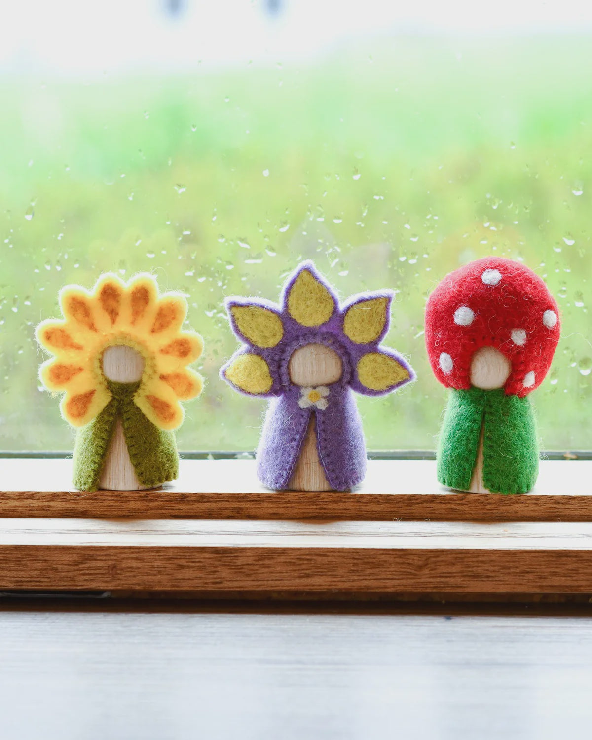 Floral Peg Dolls Set - Sunflower, Iris & Toadstool Wooden Figures | Perfect for Nursery Decor, Kids Room, and Waldorf Play