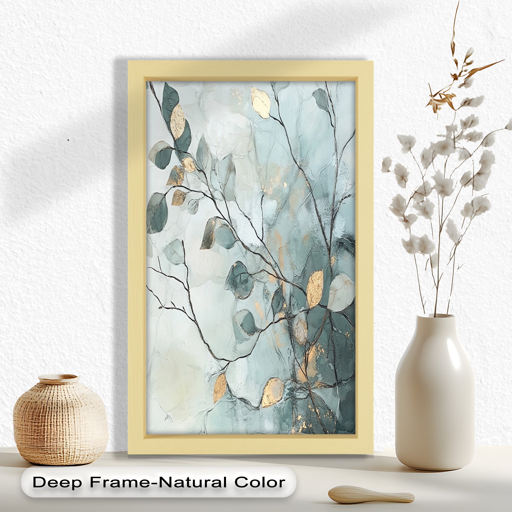 Blue and Metallic Leaf Branch Abstract Oil Painting - Handmade Canvas Wall Art for Living Room, Bedroom & Office Decor