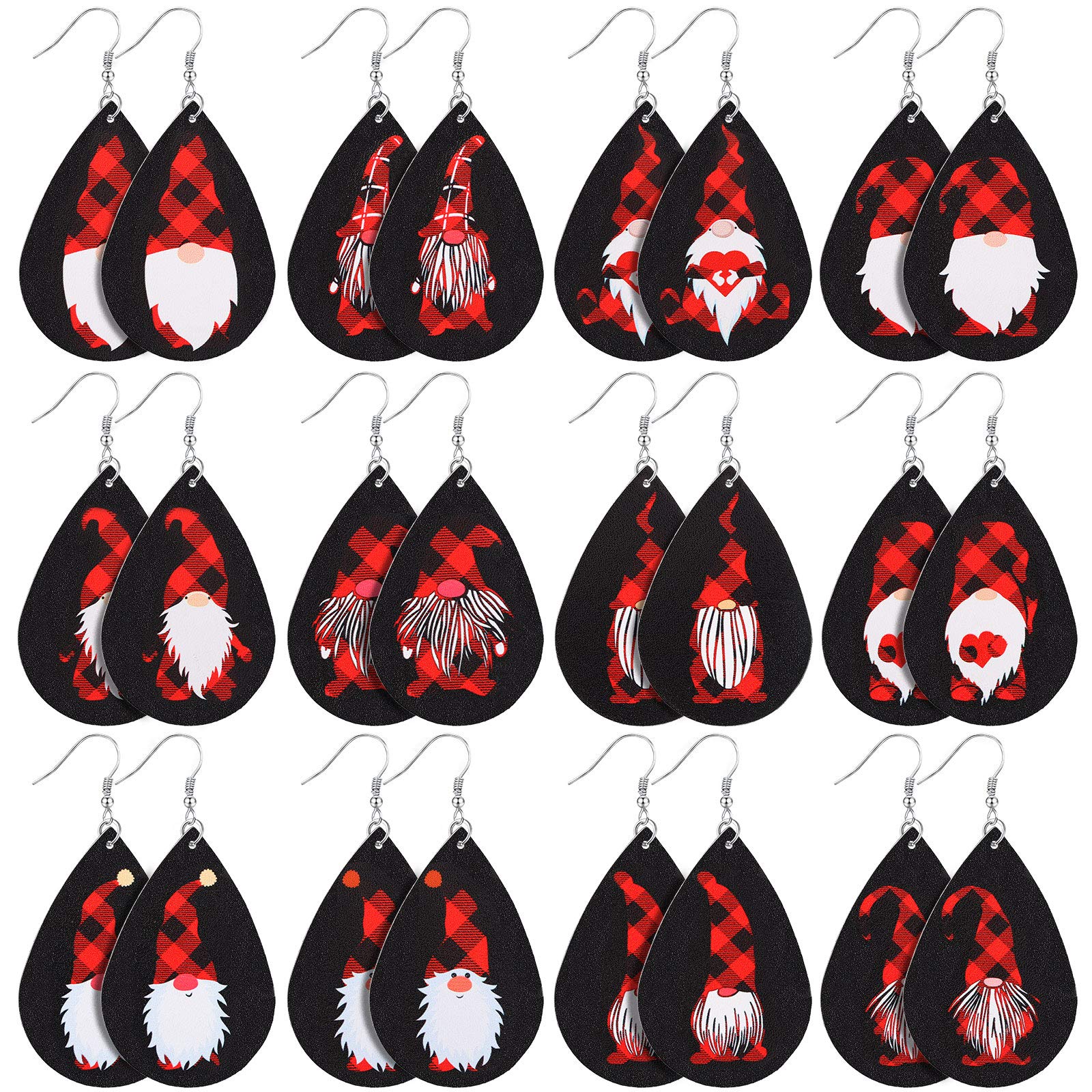 12 Pairs Christmas Plaid Earrings - Lightweight Faux Leather Gnome Teardrop Dangle Earrings for Women & Girls | Holiday Party, Gift Exchange, Xmas Outfit Accessories