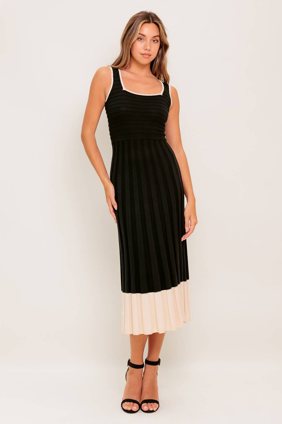 Laurel Black & Cream Sweater Midi Dress for Women - Elegant Fall & Winter Knit Dress for Office, Party, and Casual Wear