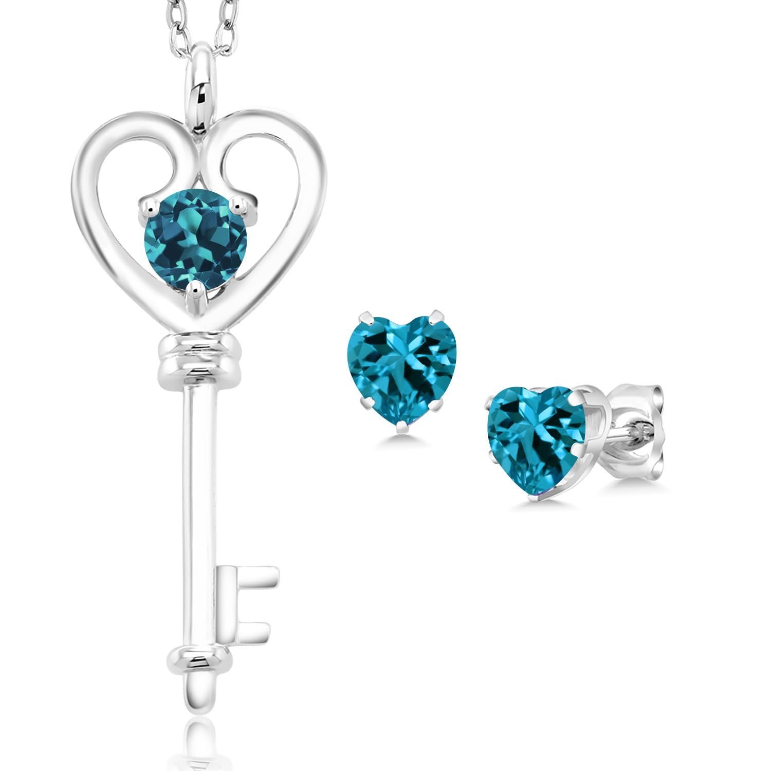 1.60 Ct Round London Blue Topaz Sterling Silver Key Pendant & Earrings Set | Gem Stone King | 925 Silver Jewelry for Women | Perfect Gift for Birthday, Anniversary & Special Occasions