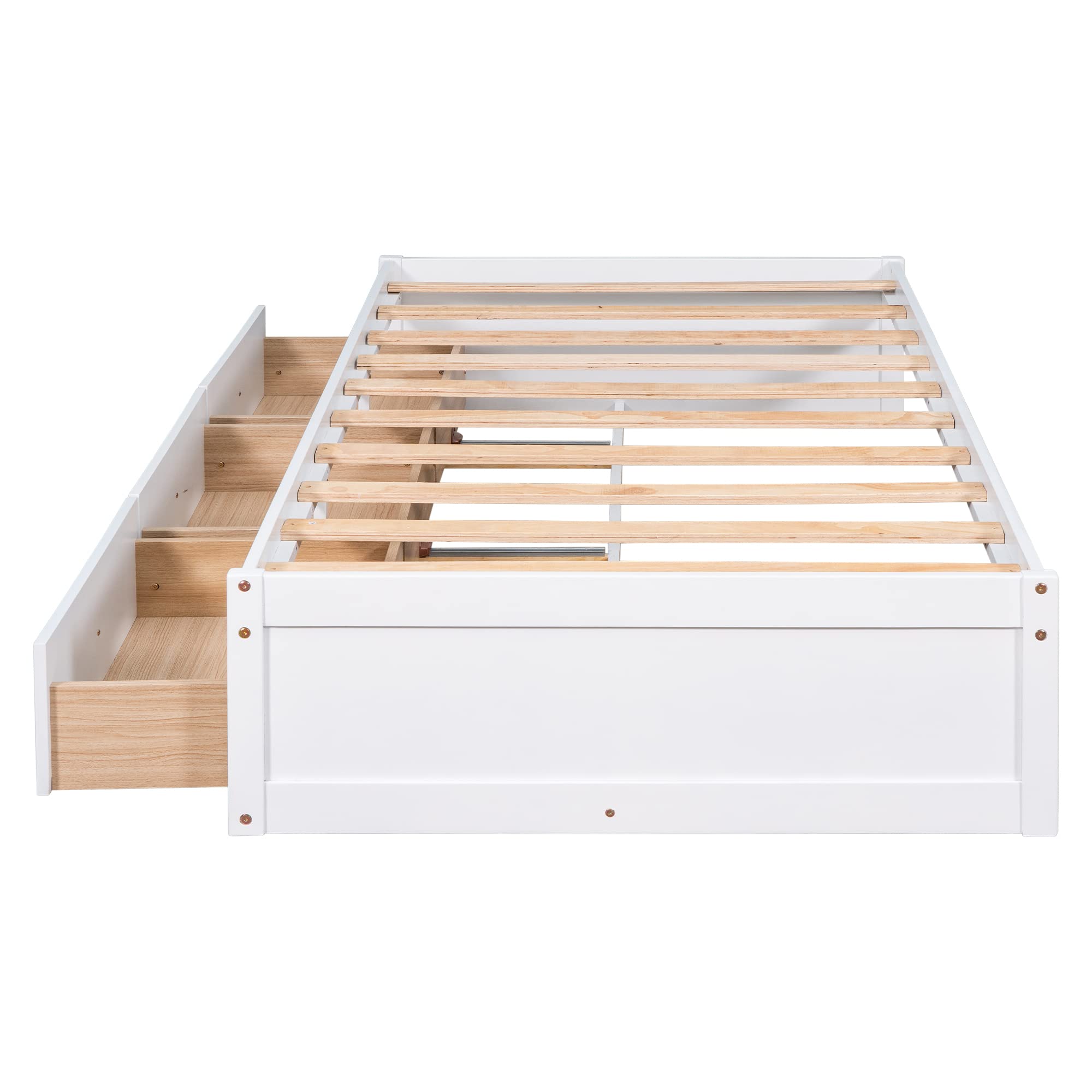 Merax Twin Size Platform Storage Bed with 3 Drawers, White - Space-Saving Bed Frame with Underbed Storage for Small Bedrooms, Dorms & Apartments