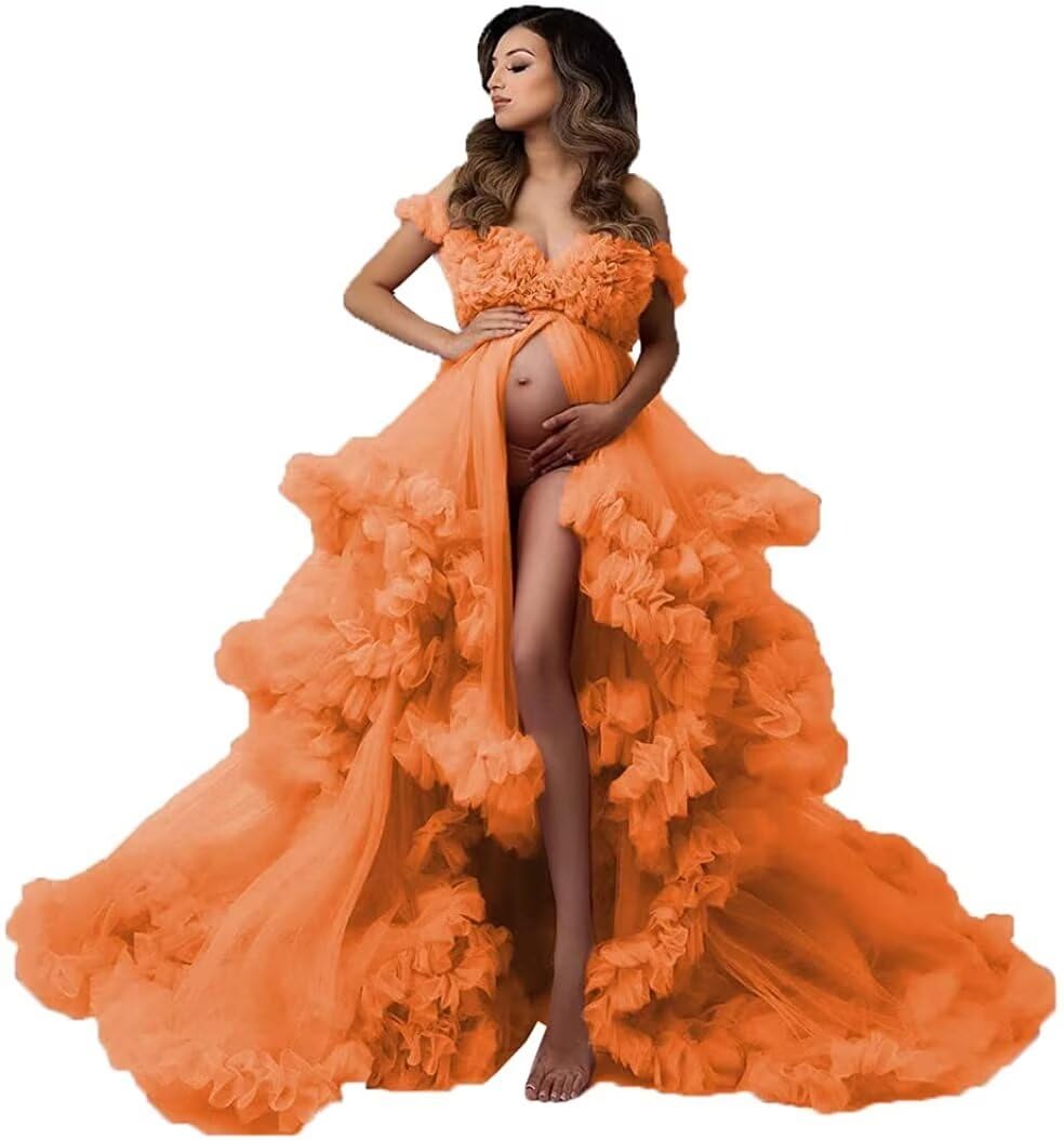 Wchecalino Elegant Tulle Maternity Dress - Long Puffy Bridal Robe for Photoshoots, Baby Showers & Wedding Lingerie | Perfect for Maternity Photos, Bridal Dressing Gowns & Special Occasions