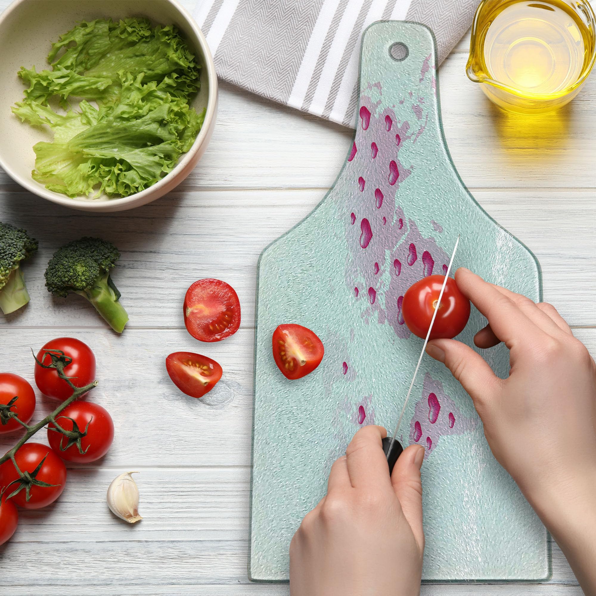 Ambesonne Cartoon Cutting Board - World Map with Hearts, Love Planet Earth Theme - Tempered Glass Serving Board for Kitchen & Dining - Wine Bottle Shape in Pale Pink & Fuchsia - Perfect for Charcuterie, Cheese, and Party Appetizers