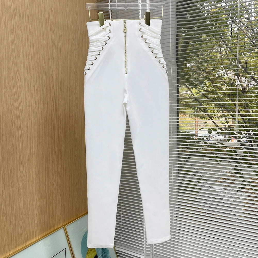 Stretchy Women's Pencil Pants - Black & White Skinny Trousers with Bandage Waist | European Street Style | Perfect for Work, Office & Night Out