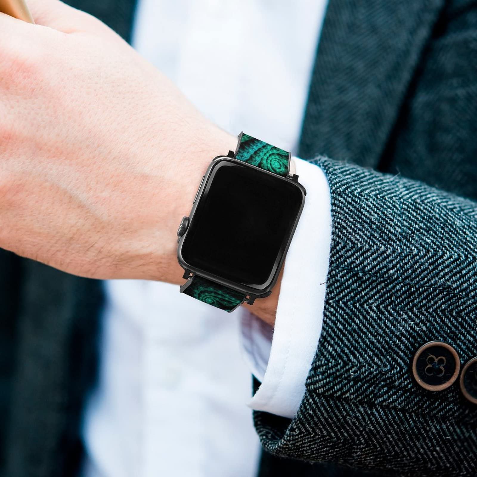 **Soft PU Leather Apple Watch Band 42mm 44mm - Spiral Tie Dye Green Replacement Strap for iWatch Series 7/6/5/4/3/2/1 - Unisex Design for Men & Women - Perfect for Workouts, Office & Casual Wear**