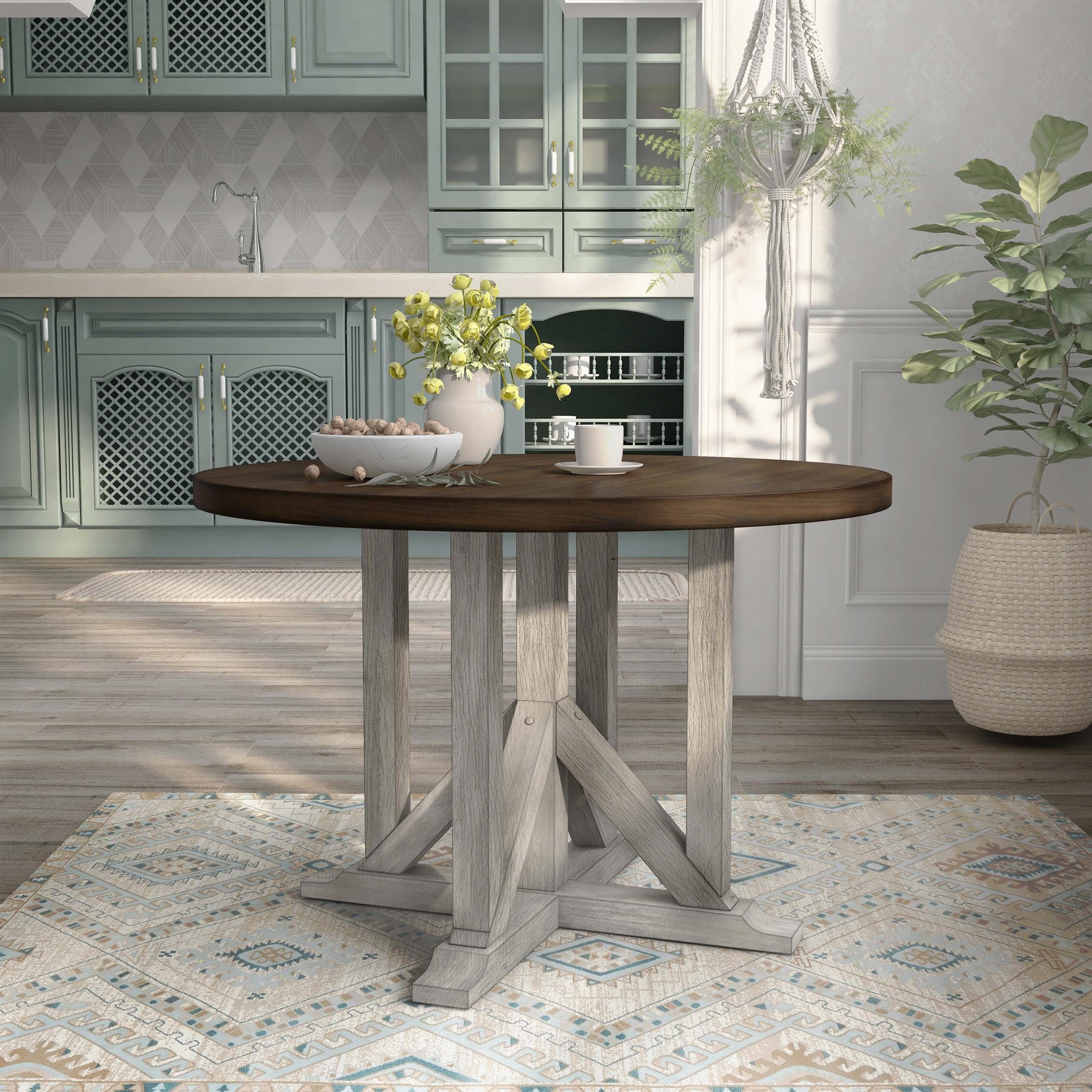 Furniture of America Kadda Farmhouse Wood Round Dining Table in Antique White - Rustic Kitchen Table for Family Gatherings & Dining Rooms