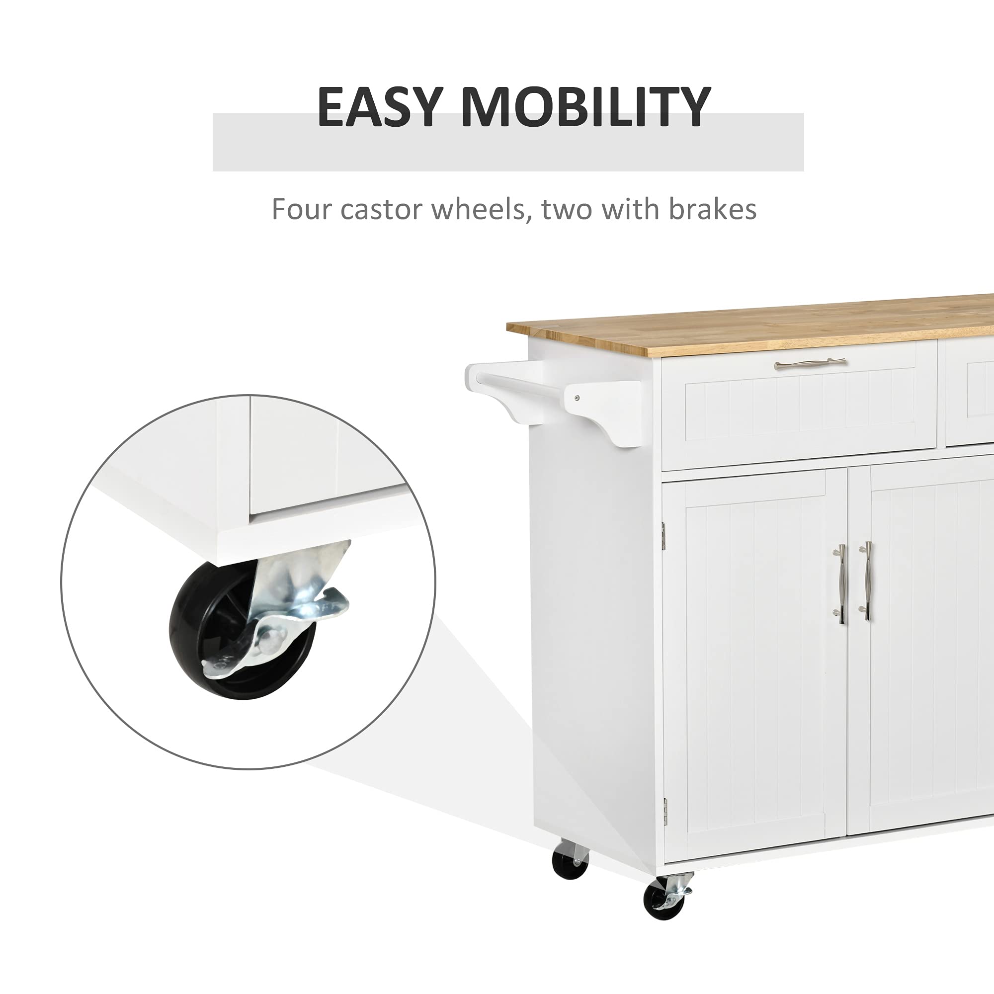 HOMCOM White Mobile Kitchen Island with Storage, Wood Top Kitchen Cart, 3-Door Cabinets, Adjustable Shelves & Towel Rack for Small Spaces, Apartments & Compact Kitchens
