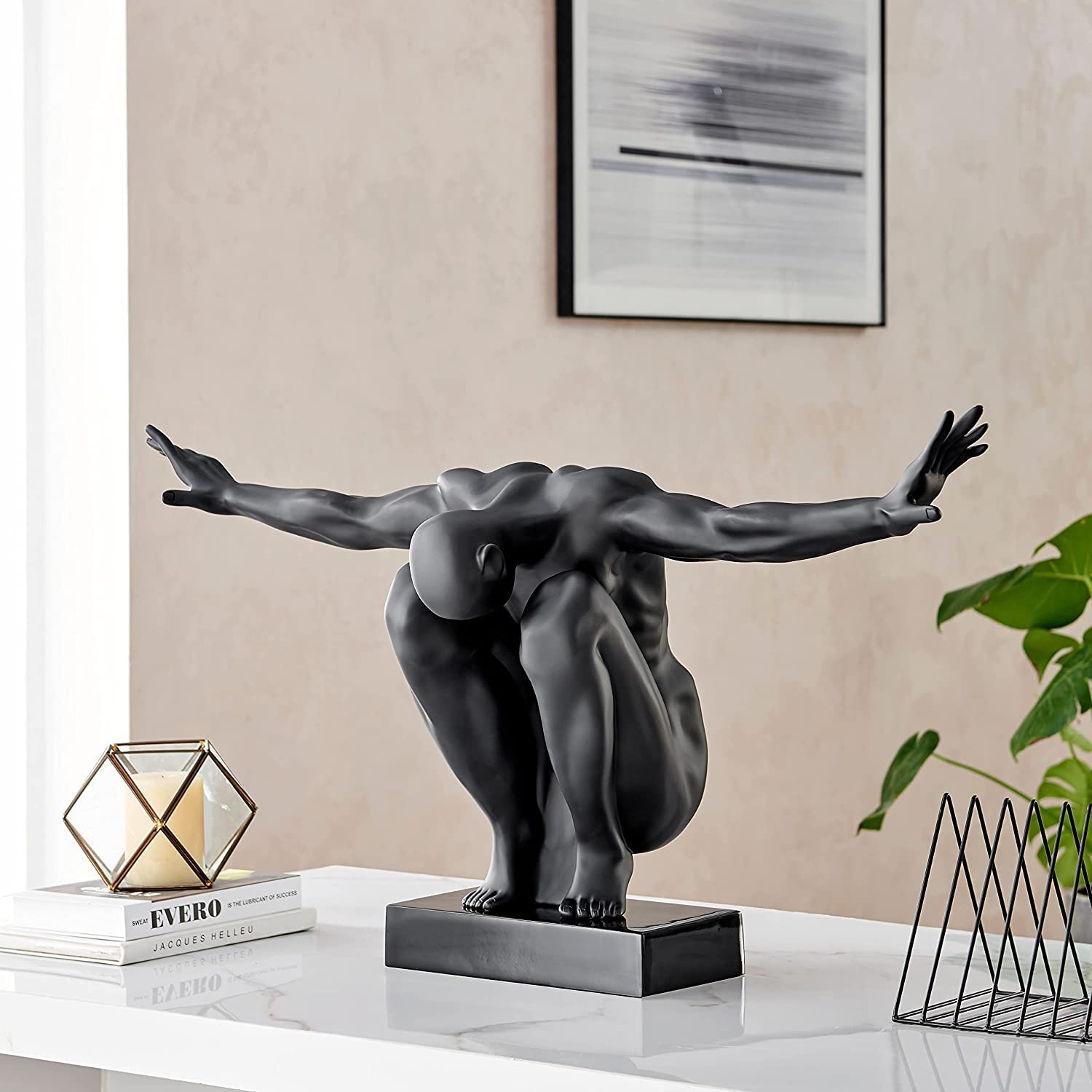 Finesse Decor Abstract Modern Home Decor Resin Sculpture - Saluting Man Table Centerpiece in Matte Black | Perfect for Living Room, Office Desk & Gift Giving