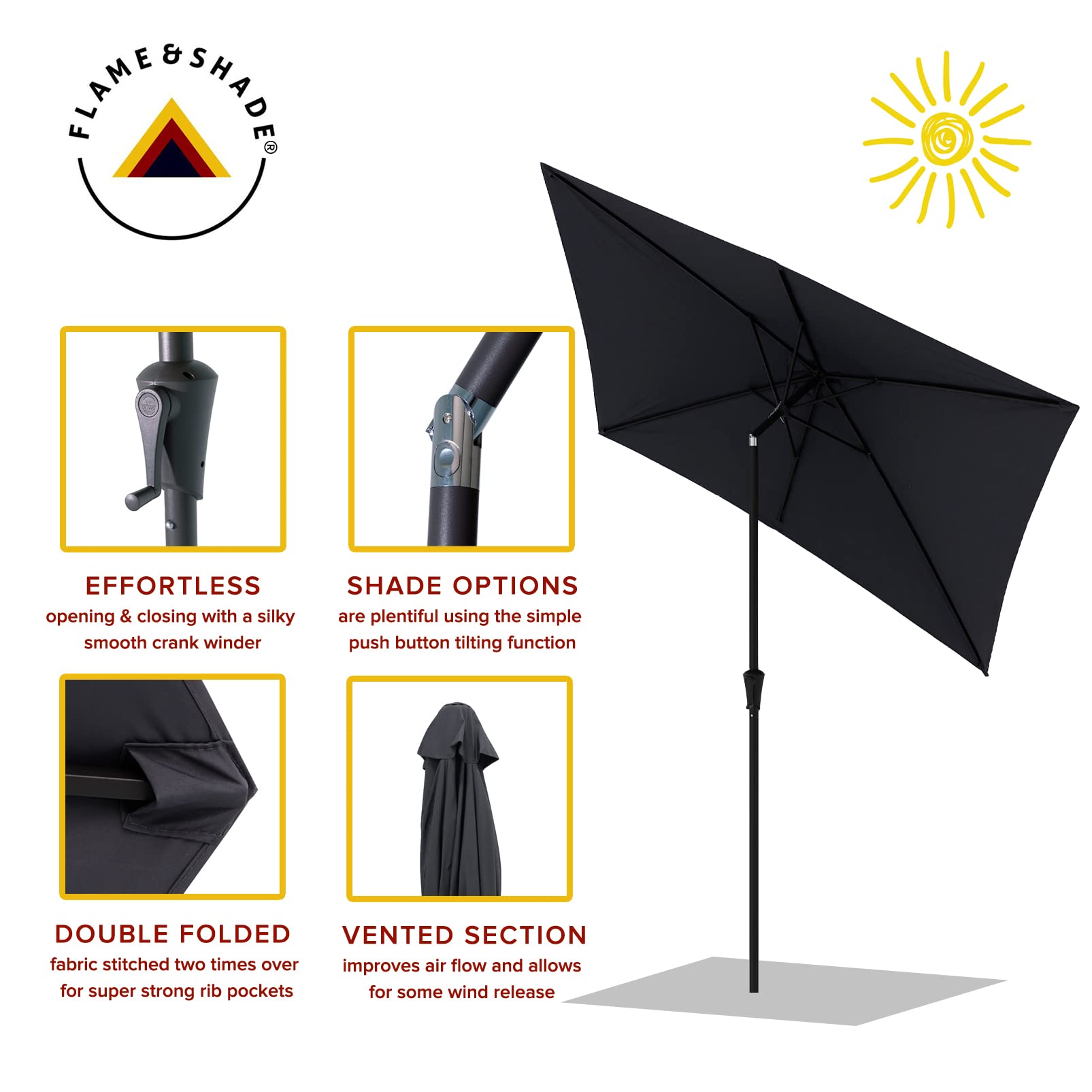FLAME&SHADE 6.5 x 10 ft Rectangular Outdoor Patio Umbrella with Tilt Function - Anthracite Grey Sun Shade for Market, Poolside, Garden and Backyard Relaxation