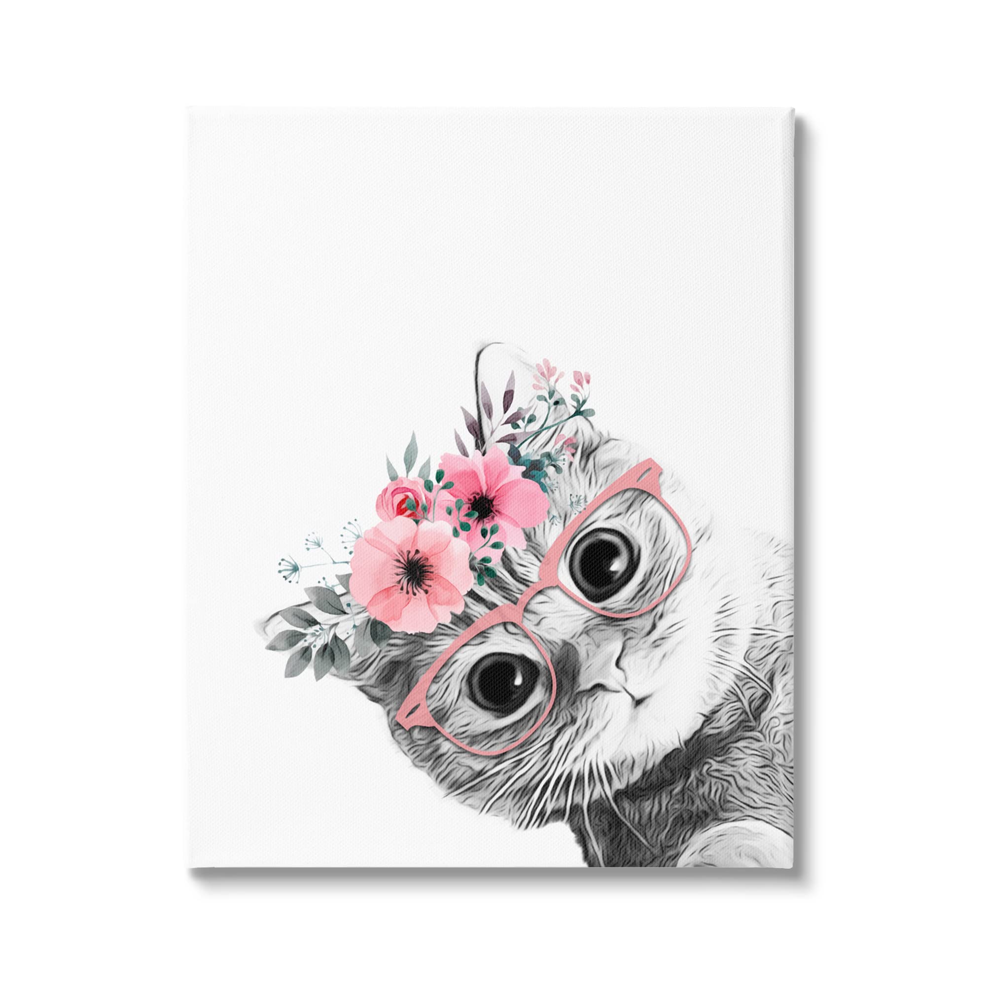 Stupell Industries Pink Flower Crown Cat Glasses - Minimalist Monochrome Wall Art by Annalisa Latella | Perfect for Boho Bedroom, Nursery & Office Decor