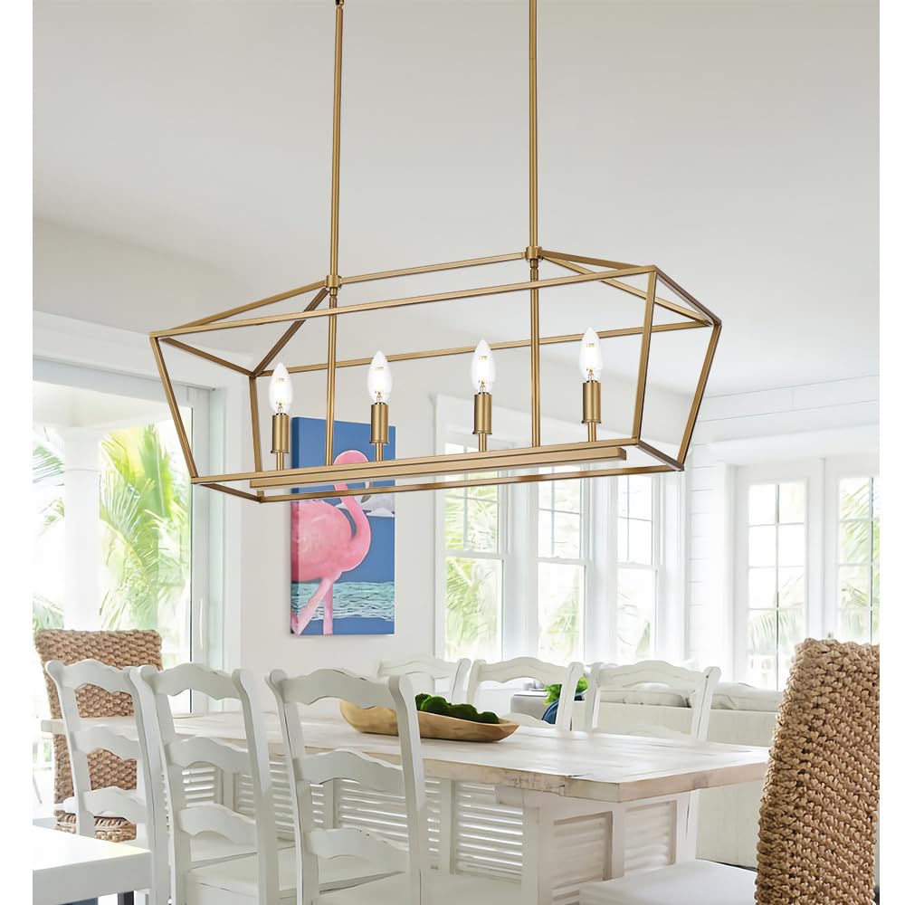 4-Lights Golden Pendant Light Fixtures - Adjustable Height Modern Lantern Linear Chandelier for Dining Room Ceiling Lighting | Perfect Hanging Light Over Kitchen Island, Breakfast Bar or Dining Table