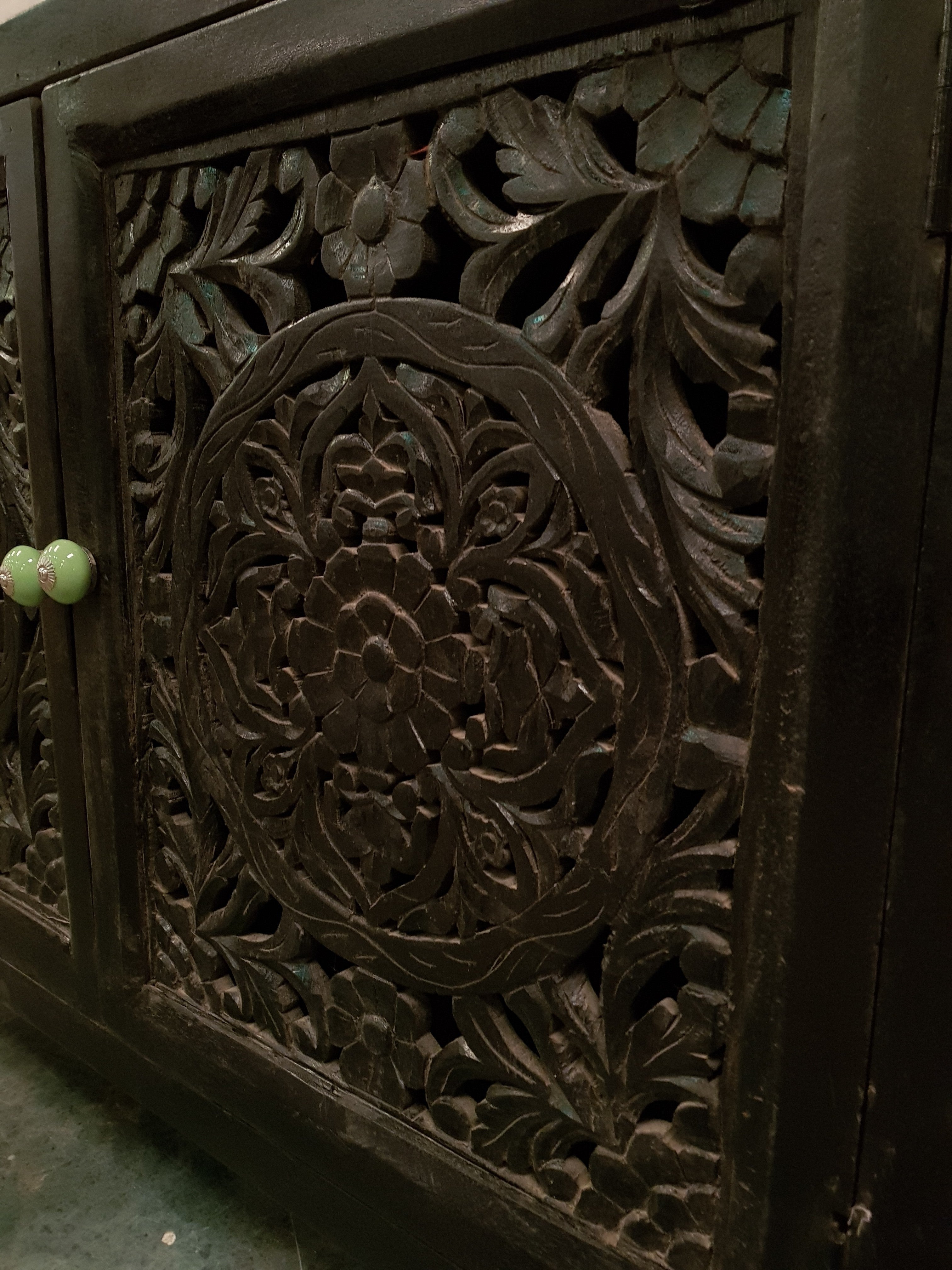 Hand Carved Indian Solid Wood Small Buffet Sideboard - Traditional Dynasty Style for Dining Room, Living Room & Entryway Storage