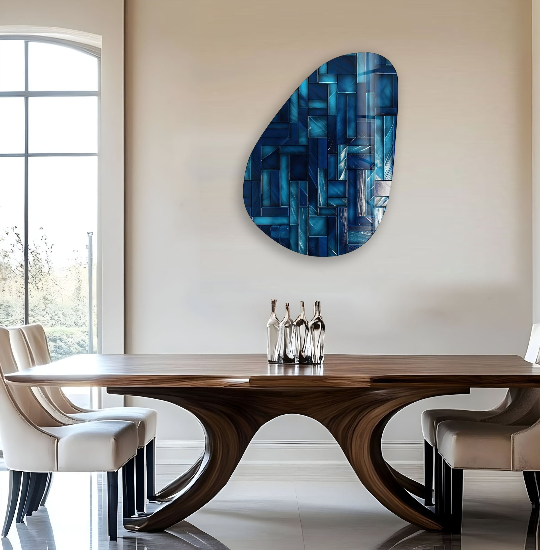 Asymmetrical Oval Navy Blue Lines Glass Wall Art - Modern Abstract Home Decor for Living Room, Bedroom & Office - Handmade Glass Wall Hanging for Unique Interior Design