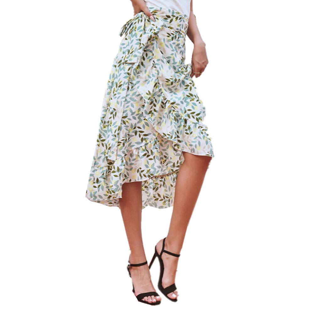 Women's Floral Chiffon Midi Skirt - High Waist Wrap Side Asymmetrical Bohemian Long Skirt for Summer Beach Vacation, Outdoor Date Night & Casual Wear