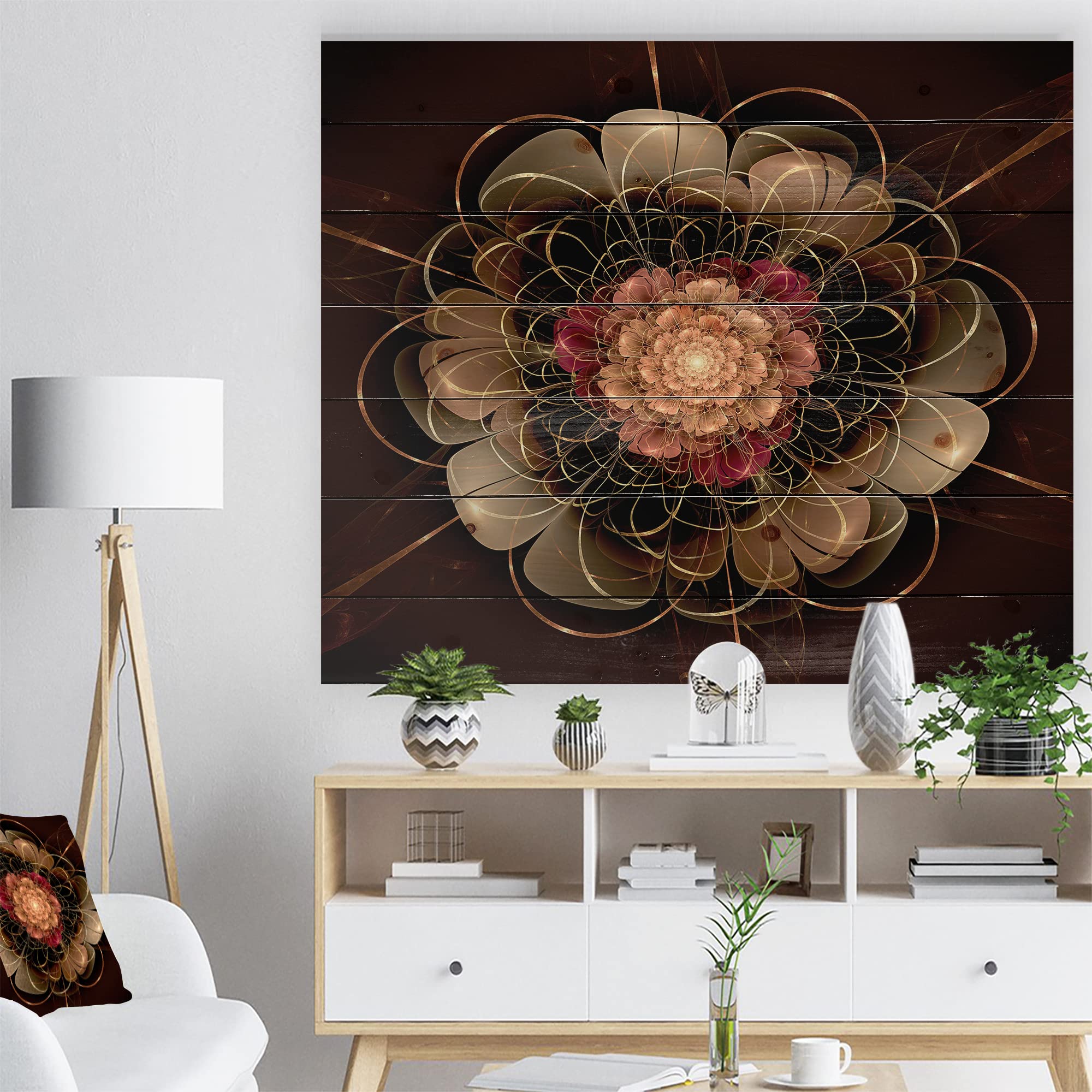 Dark Gold Red Fractal Flower Wood Wall Art - Coastal Nautical Decor - Large Floral Printed Pine Wood Panels for Living Room, Bedroom & Office Wall Decor