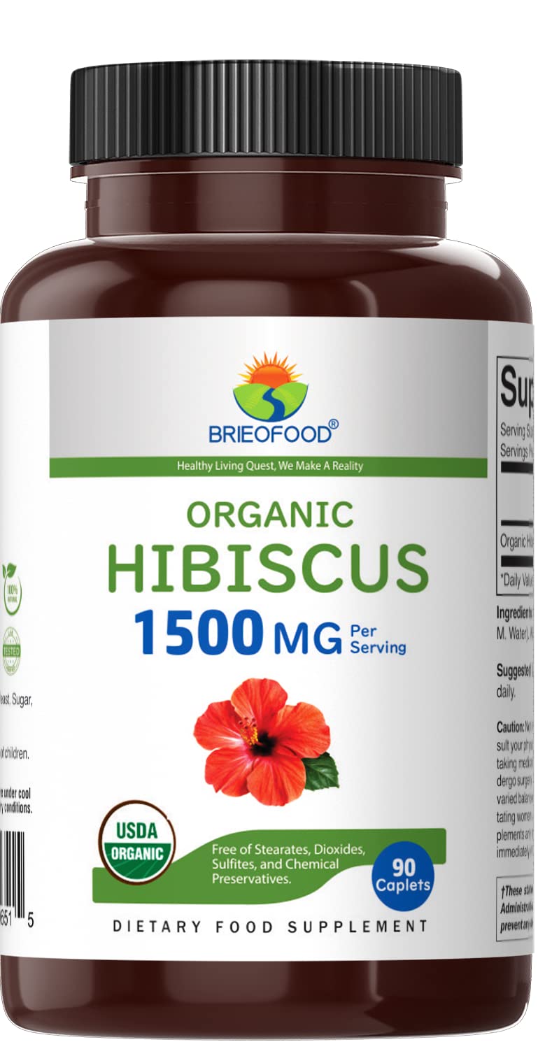 Brieofood Organic Hibiscus 1500mg Supplement - 90 Vegetarian Tablets (45 Servings) | Gluten-Free, Vegan-Friendly | Supports Heart Health & Antioxidant Benefits for Daily Wellness