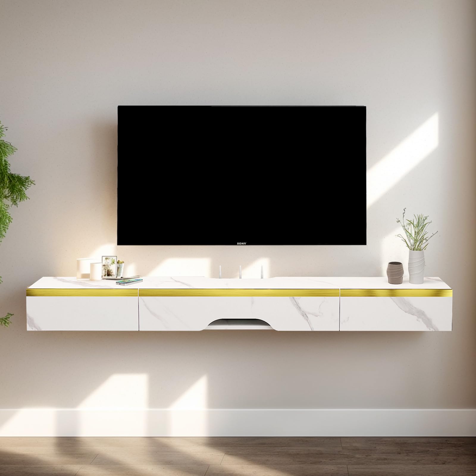 59'' Floating TV Stand with 2 Drawers & 1 Door - Wall Mounted Entertainment Center for Living Room & Bedroom - White - Space Saving Media Console for Modern Home Décor