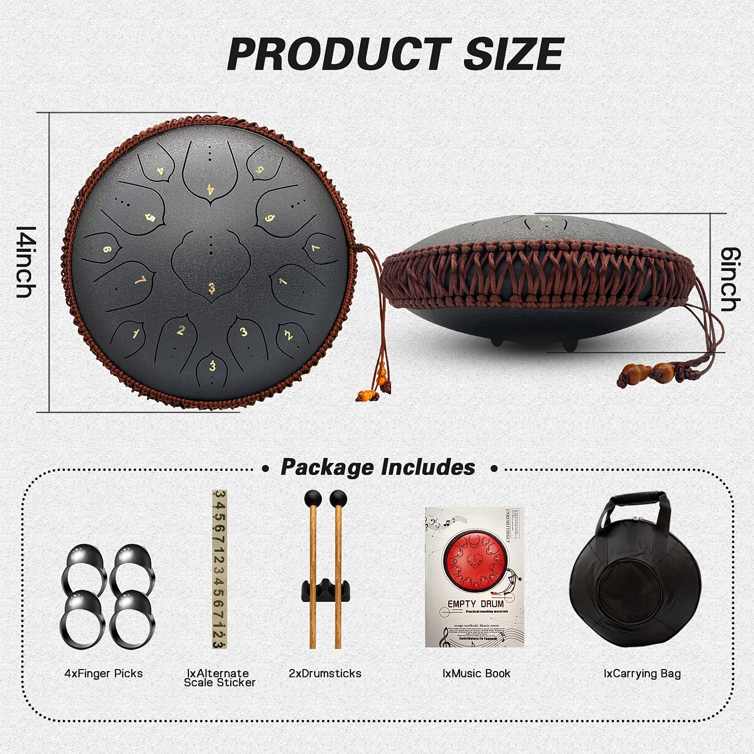 15-Note 14-Inch Steel Tongue Drum Handpan Instrument in D Major - Includes Music Book, Mallets & Carry Bag - Perfect for Meditation, Music Therapy, and Relaxation