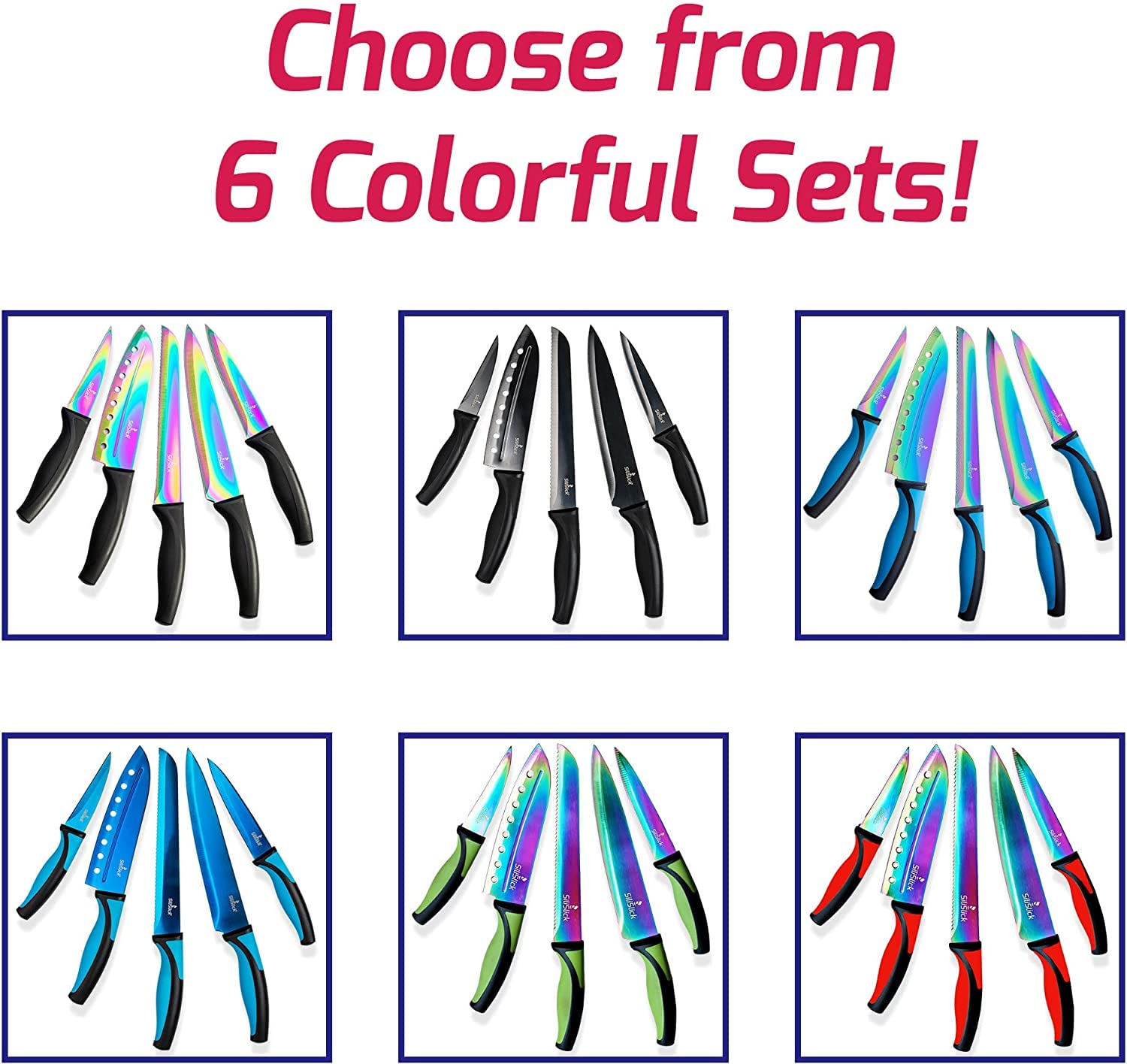 Rainbow Titanium Coated Kitchen Knife Set - 6-Piece Stainless Steel Chef Knives with Ergonomic Non-Slip Handles (Utility, Santoku, Bread, Paring Knives) - Perfect for Home Cooking, Professional Chefs & Gift Giving