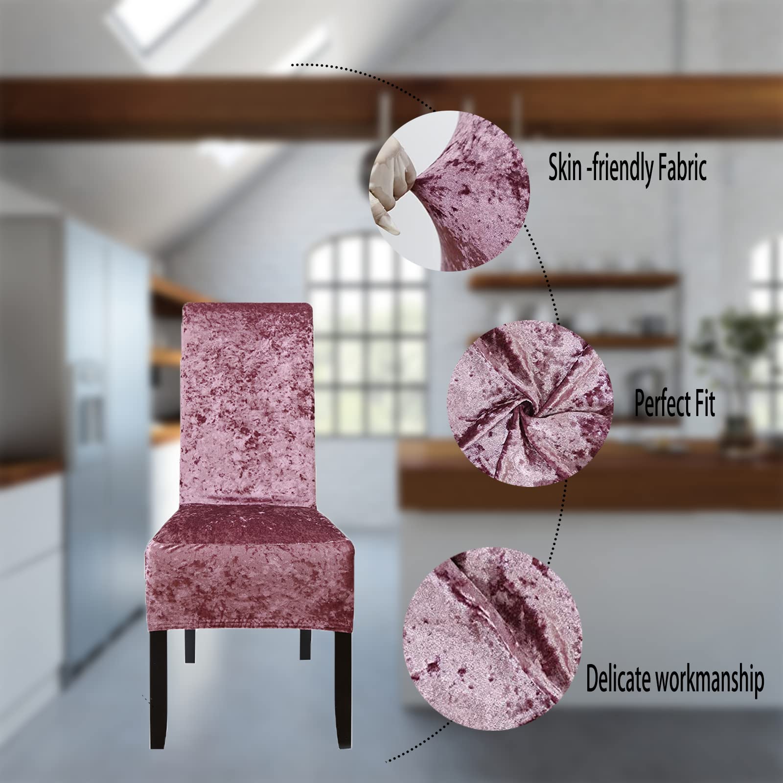 Crushed Velvet XL Dining Chair Covers - Stretchable Elastic Slipcovers for Chairs, Protective Seat Covers for Dining Room, Wedding, Banquet & Home Decor (Purple, Set of 6) - Perfect for Formal Events, Everyday Use & Sprucing Up Your Furniture