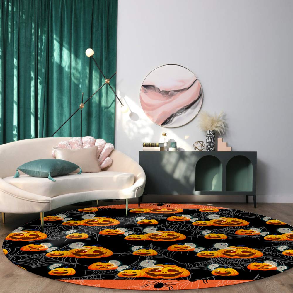 Large 6ft Round Halloween Ghost Pumpkin Carving Area Rug - Non-Slip Spider Web Design Washable Floor Mat for Bedroom, Living Room & Kids Room | Perfect for Spooky Decor, Indoor Safety & Seasonal Home Decorating
