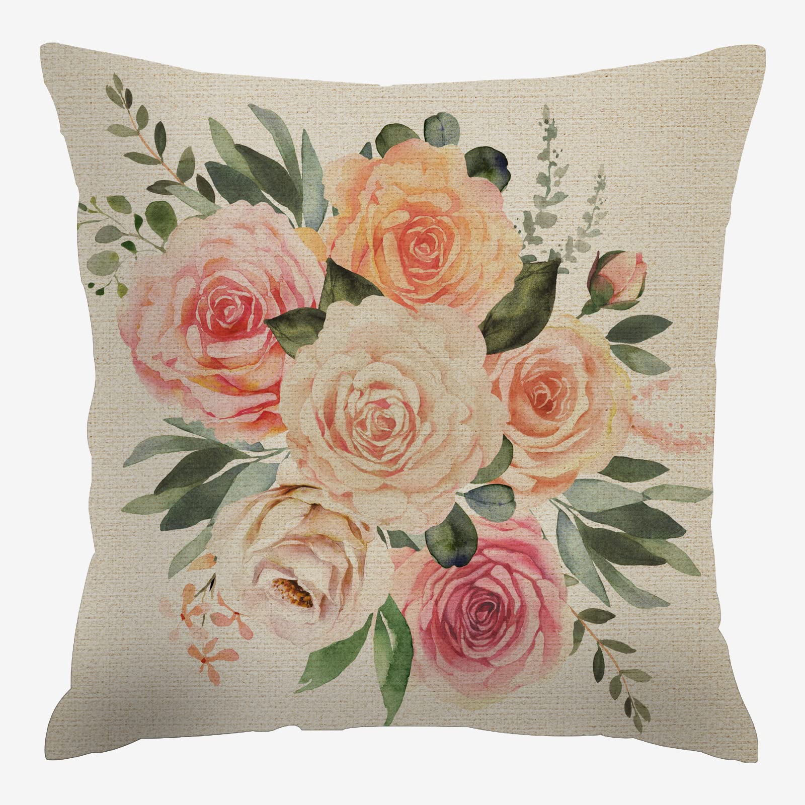 Hysing 18x18 Inch Watercolor Roses Throw Pillow Covers - Pink & White Floral Linen Square Cushion Covers for Sofa, Bedroom, Living Room Decor | Home Decor, Housewarming Gift, Cozy Accent Pillow