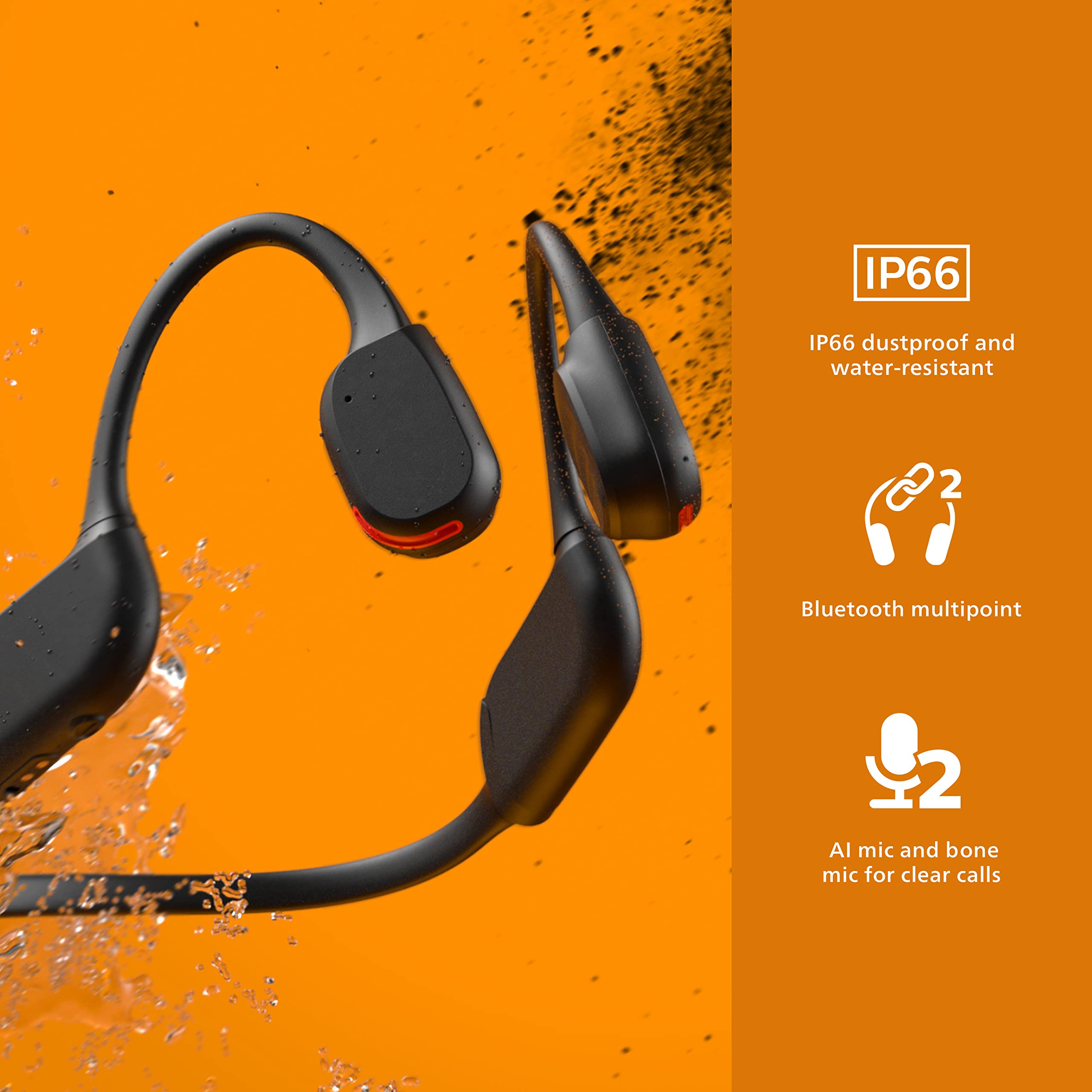 PHILIPS A7607 Wireless Bone Conduction Headphones - Bluetooth Open-Ear Headset with AI Noise Cancelling Mic, 9H Battery & Fast Charge, IP66 Waterproof, LED Safety Lights & App Control (Black) - Perfect for Running, Cycling & Outdoor Sports