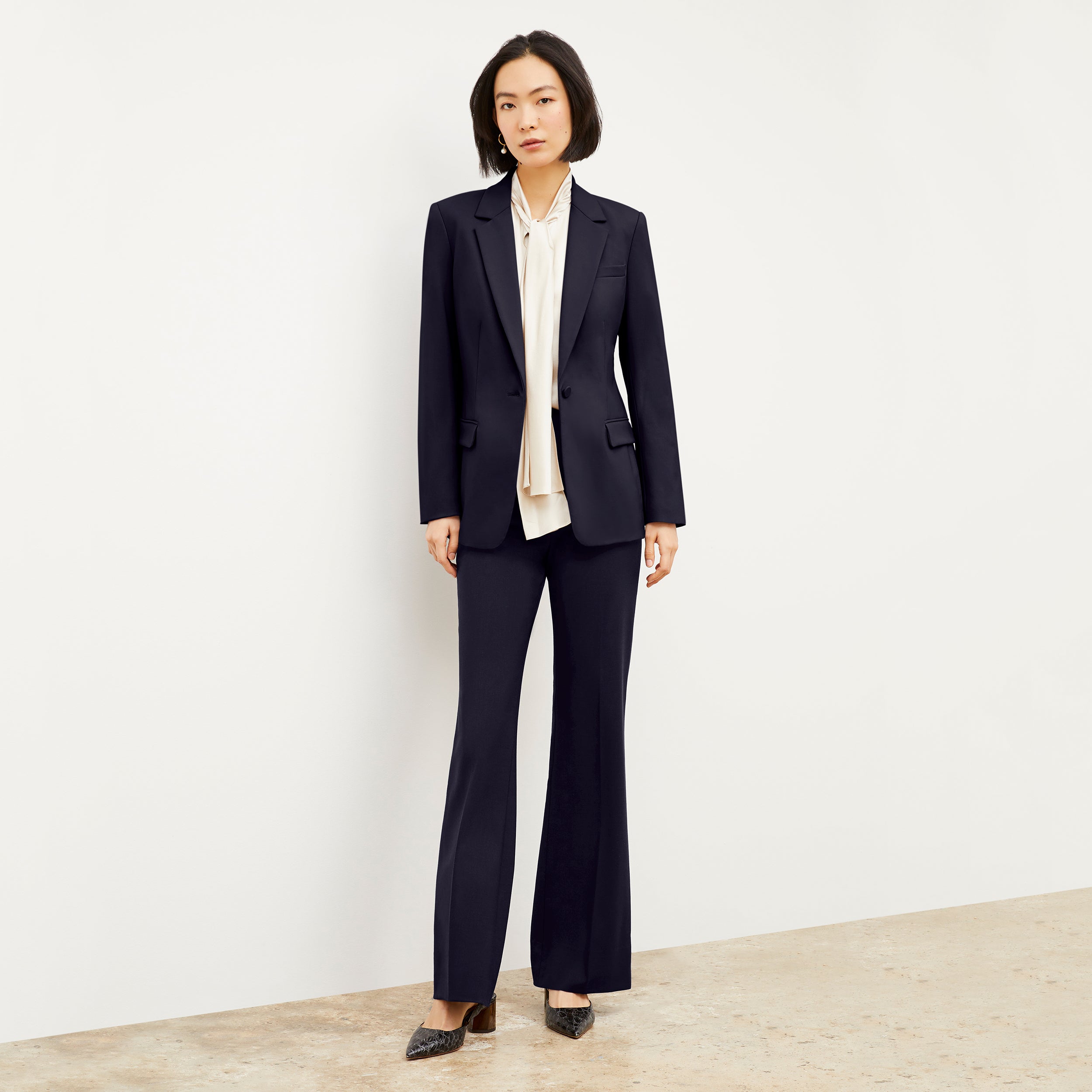 Horton Flare Trouser - Washable Wool Twill Pants for Women, Dark Navy - Perfect for Office Wear & Casual Outfits