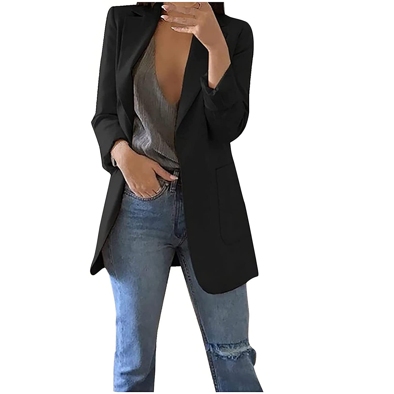 Kanzd Women's Stretchy Casual Blazer Jacket - Open Front Long Sleeve Office Coat Cardigan Suit Jacket for Work & Business Attire | Perfect for Office Wear, Business Meetings, and Professional Outfits