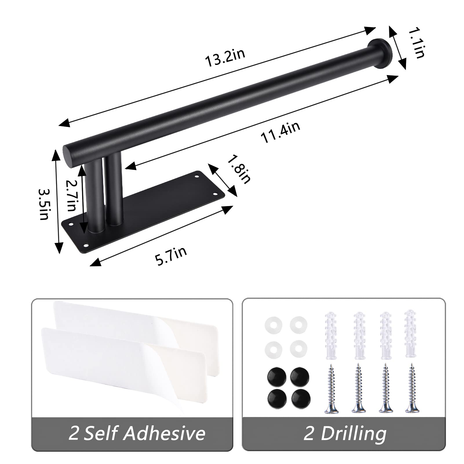 2-Pack Under Cabinet Paper Towel Holder - Upgraded Stainless Steel with Dual Rods, Wall Mount or Countertop Installation (Self-Adhesive & Drill Options) - Black - Perfect for Kitchen, Bathroom, Office & RV Organization