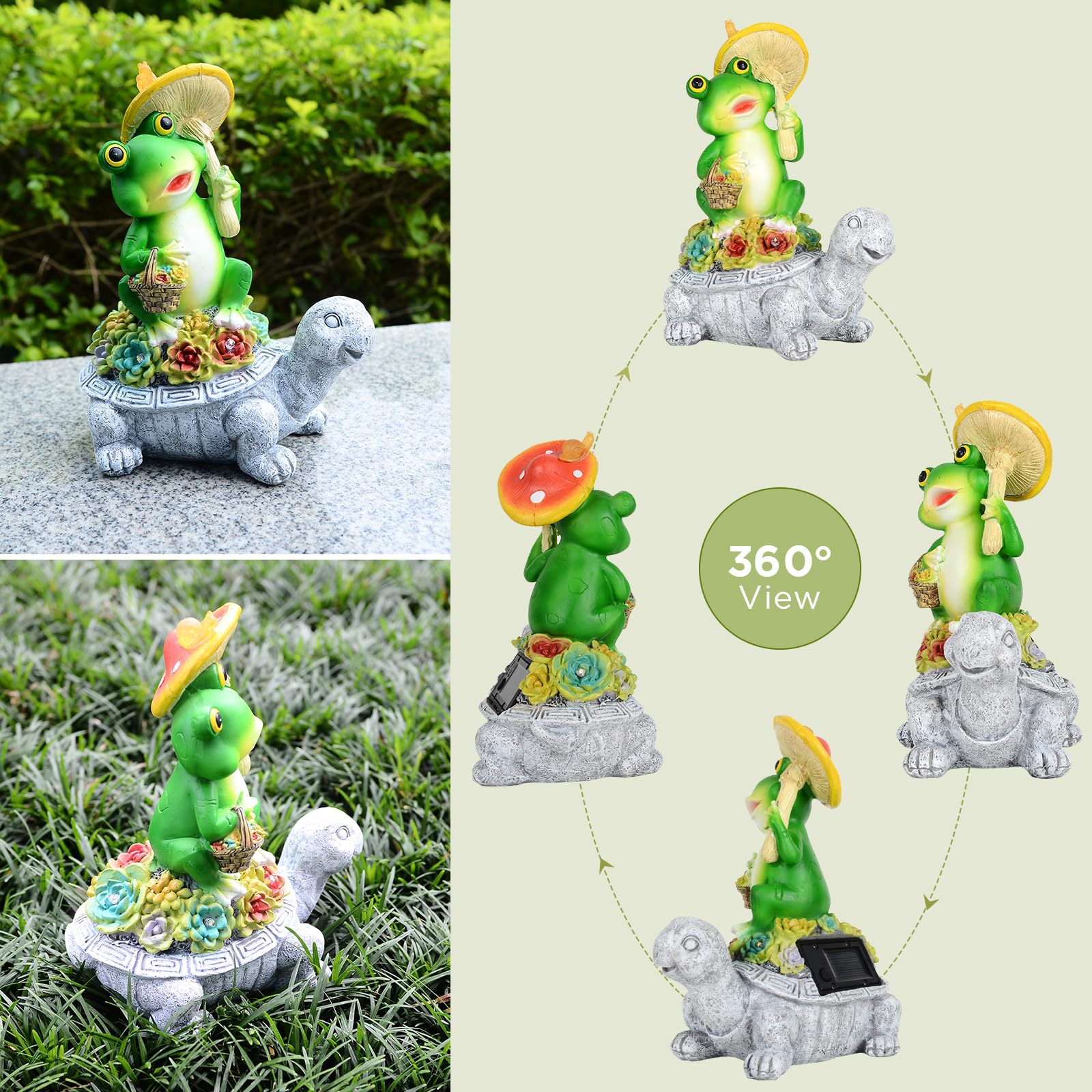 Solar-Powered Turtle & Frog Garden Statue with Mushroom Lights - Outdoor Lawn Decor for Patio, Porch & Yard - Unique Birthday Gift for Men & Women - Perfect for Garden, Pathway & Backyard Lighting