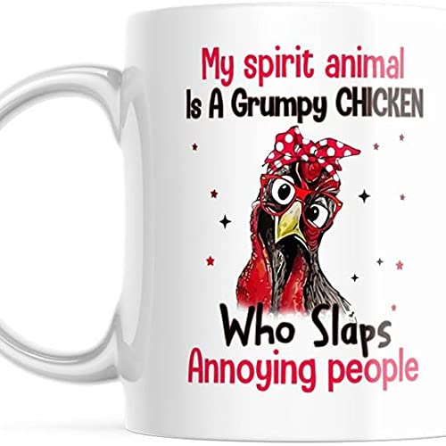 Funny Grumpy Chicken Slapping Mug - 11oz White Ceramic Coffee Cup for Office Humor & Gift Giving | My Spirit Animal Is A Grumpy Chicken Who Slaps Annoying People M822
